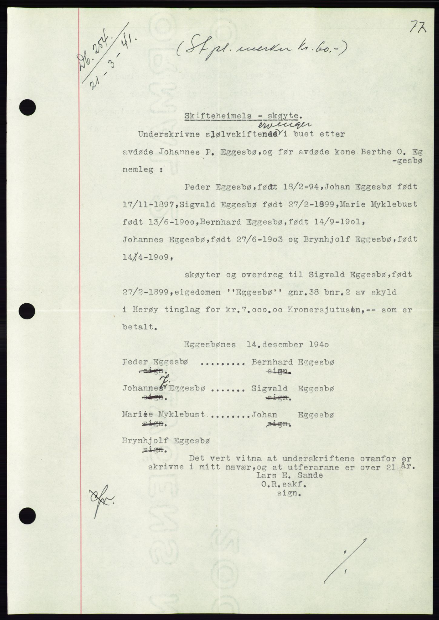 Søre Sunnmøre sorenskriveri, AV/SAT-A-4122/1/2/2C/L0071: Pantebok nr. 65, 1941-1941, Dagboknr: 254/1941