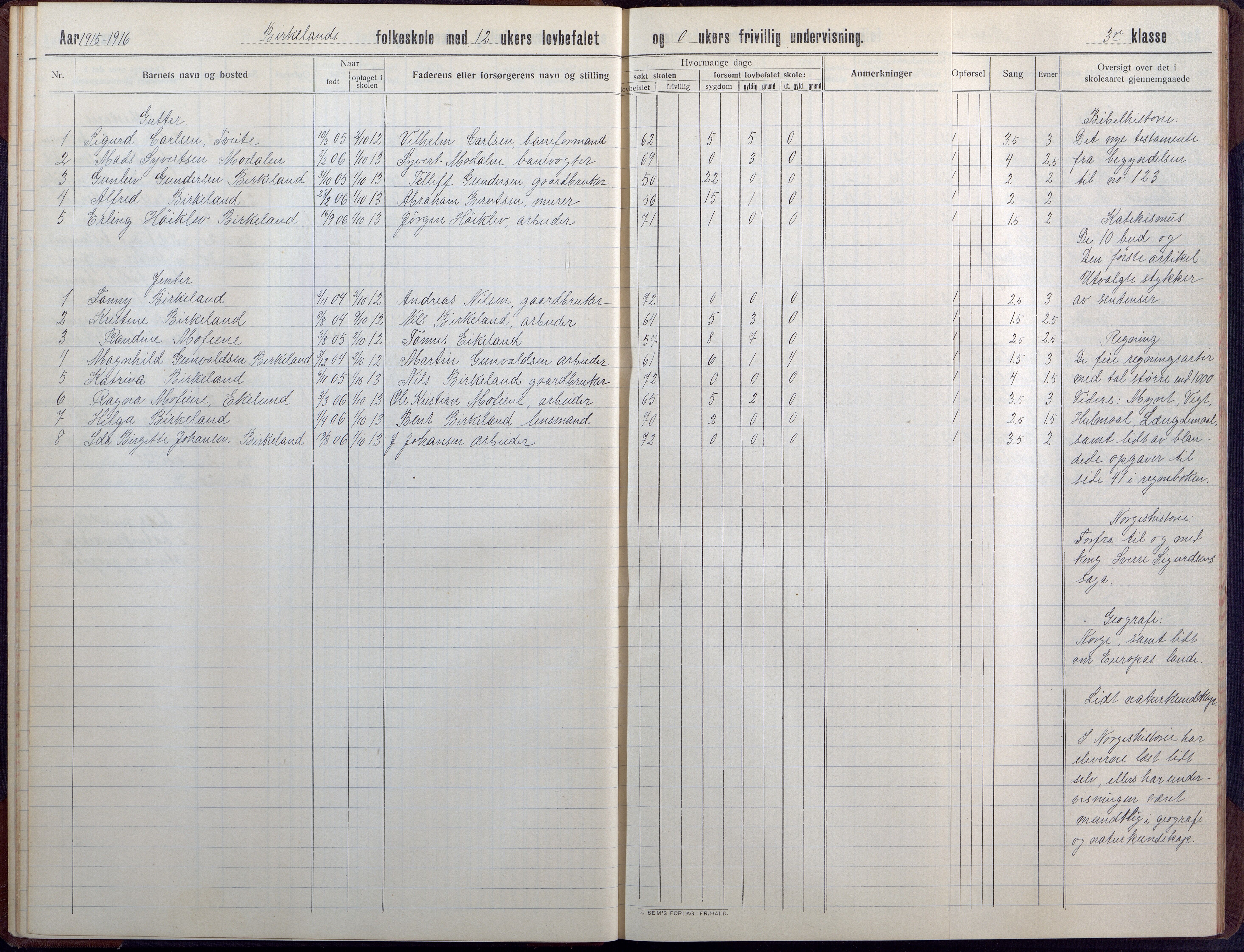 Birkenes kommune, Birkenes krets/Birkeland folkeskole frem til 1991, AAKS/KA0928-550a_91/F02/L0008: Skoleprotokoll, 1911-1930