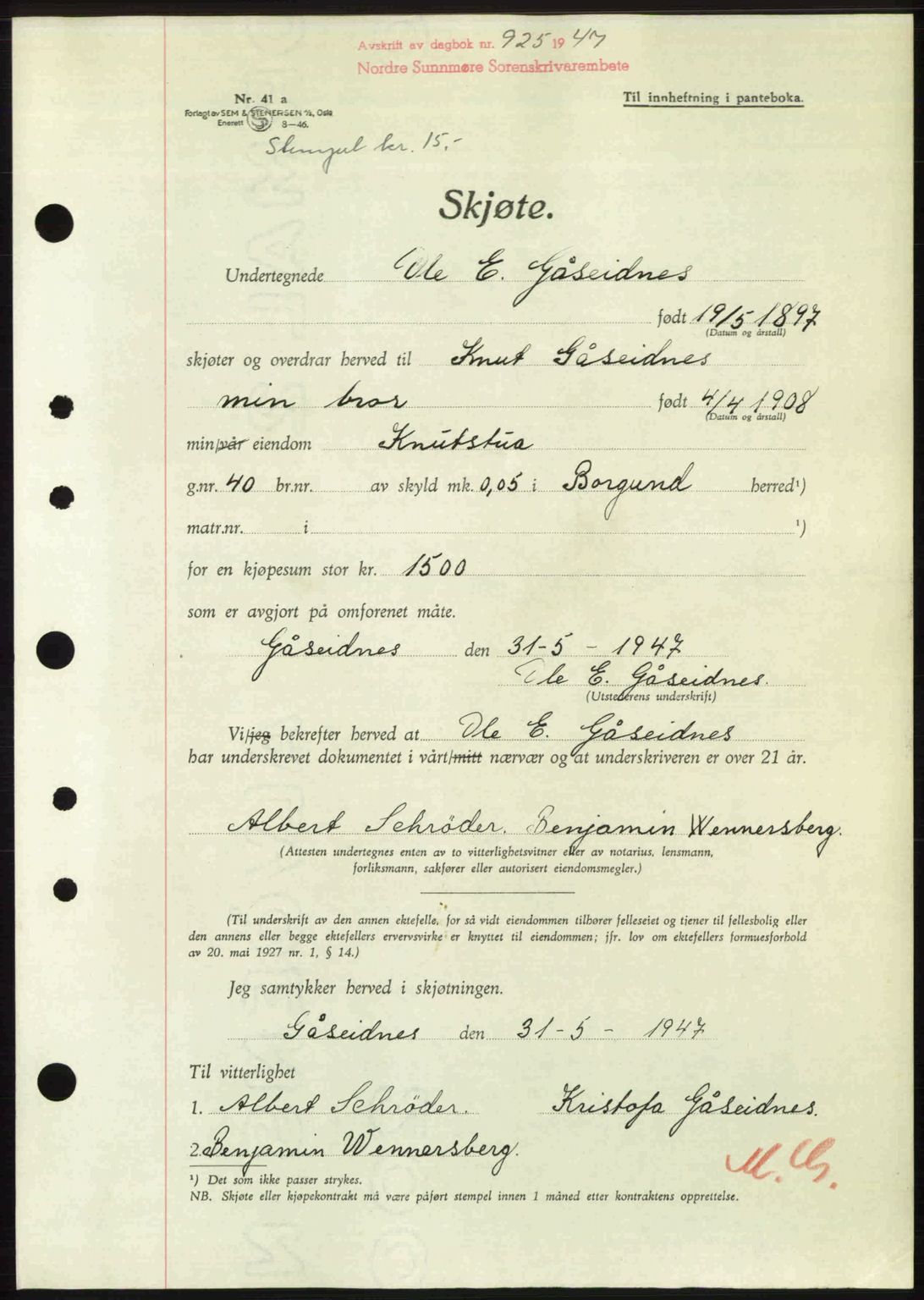 Nordre Sunnmøre sorenskriveri, AV/SAT-A-0006/1/2/2C/2Ca: Pantebok nr. A24, 1947-1947, Dagboknr: 925/1947