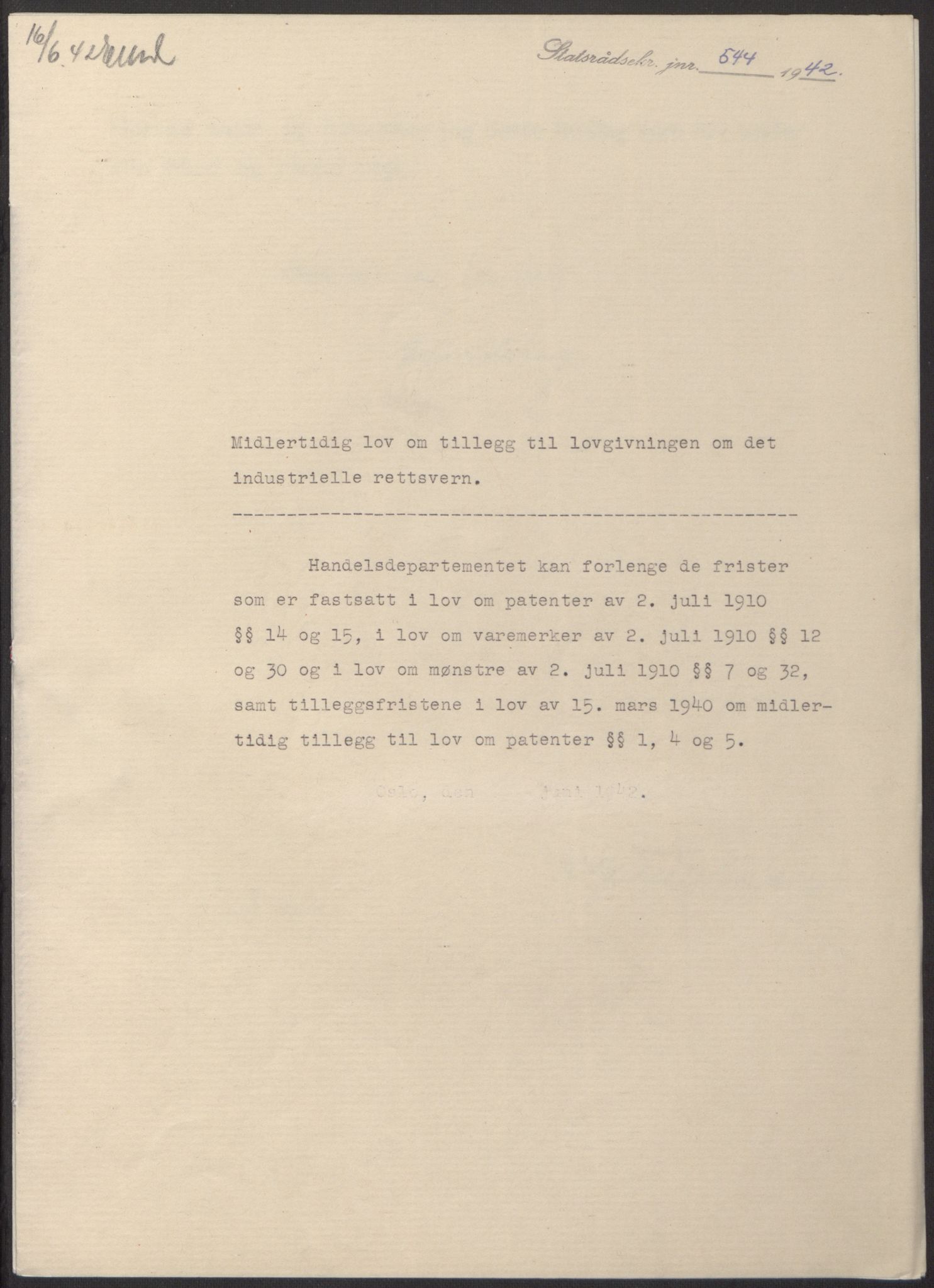 NS-administrasjonen 1940-1945 (Statsrådsekretariatet, de kommisariske statsråder mm), RA/S-4279/D/Db/L0098: Lover II, 1942, s. 78