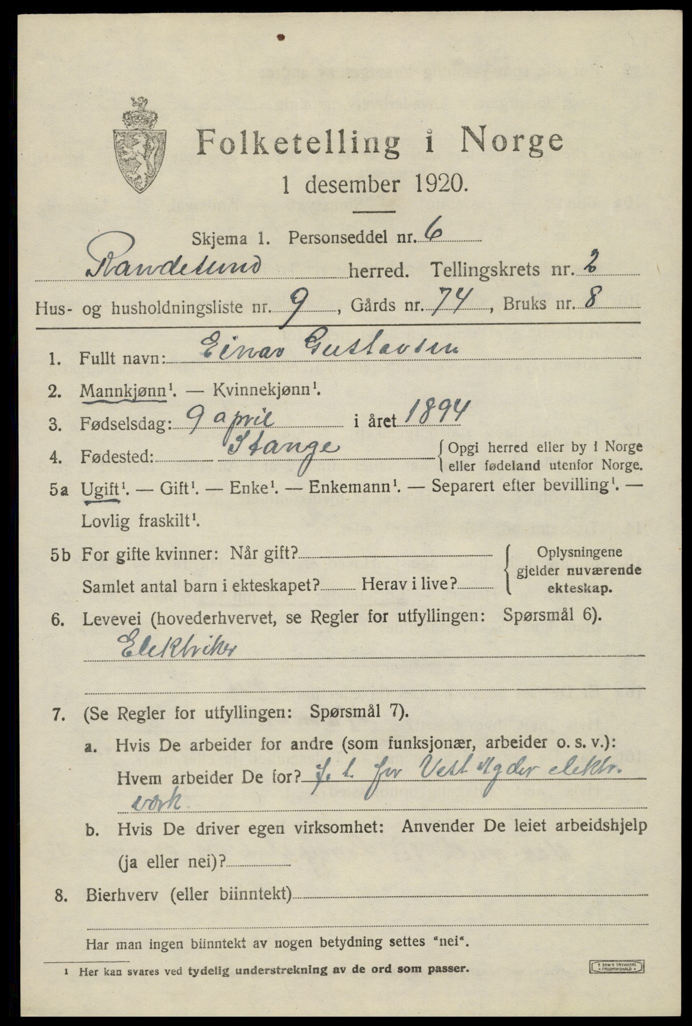 SAK, Folketelling 1920 for 1011 Randesund herred, 1920, s. 1172