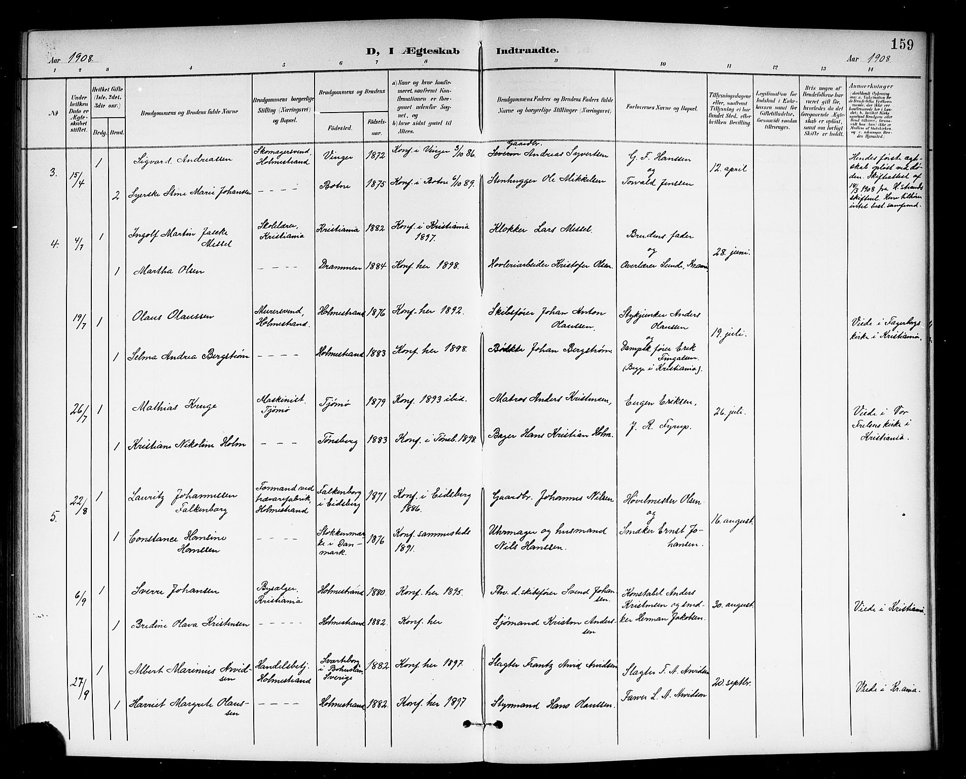 Holmestrand kirkebøker, AV/SAKO-A-346/G/Ga/L0006: Klokkerbok nr. 6, 1901-1923, s. 159