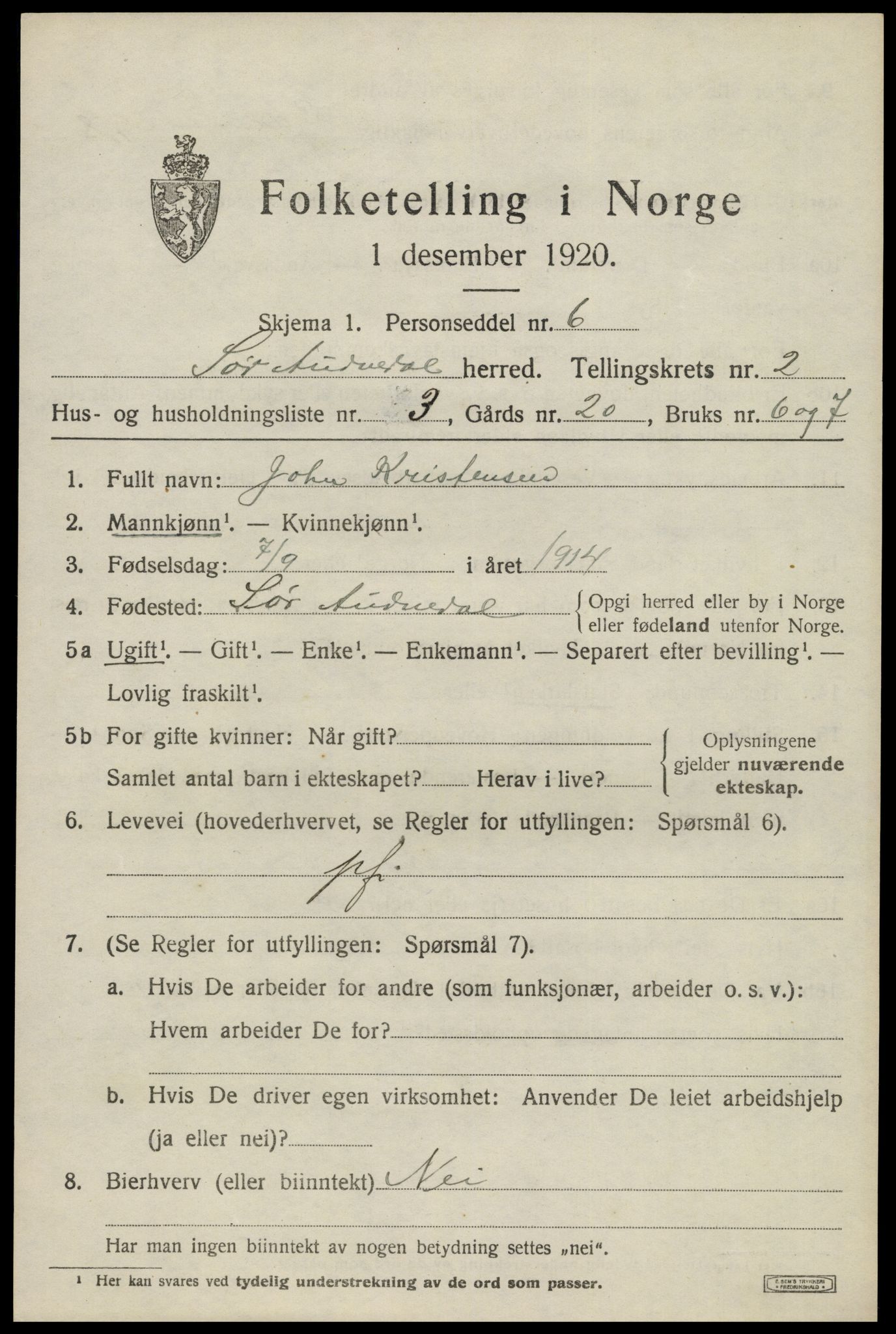 SAK, Folketelling 1920 for 1029 Sør-Audnedal herred, 1920, s. 1607