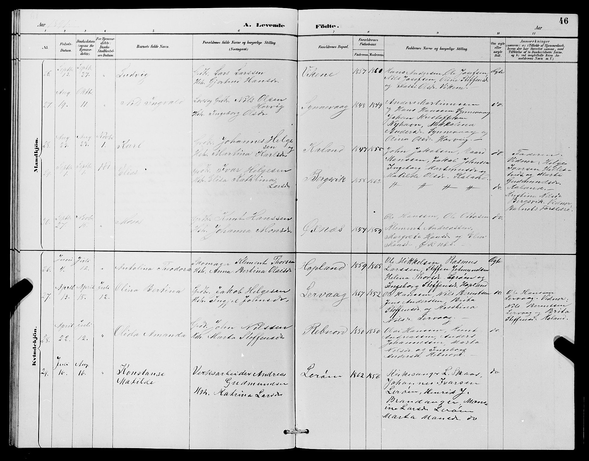 Lindås Sokneprestembete, AV/SAB-A-76701/H/Hab/Habc/L0003: Klokkerbok nr. C 3, 1886-1893, s. 46
