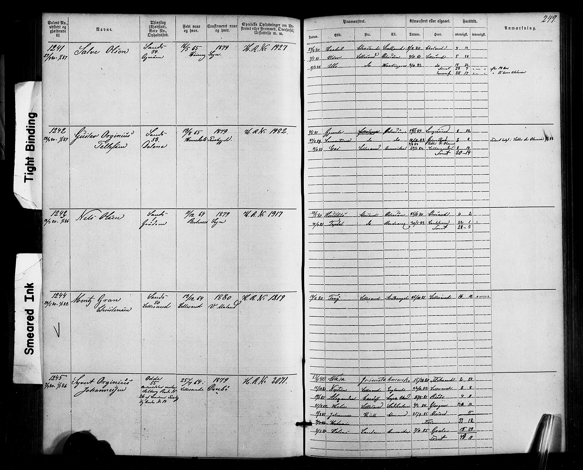 Lillesand mønstringskrets, SAK/2031-0014/F/Fa/L0002: Annotasjonsrulle nr 1-1910 med register, W-8, 1868-1891, s. 255
