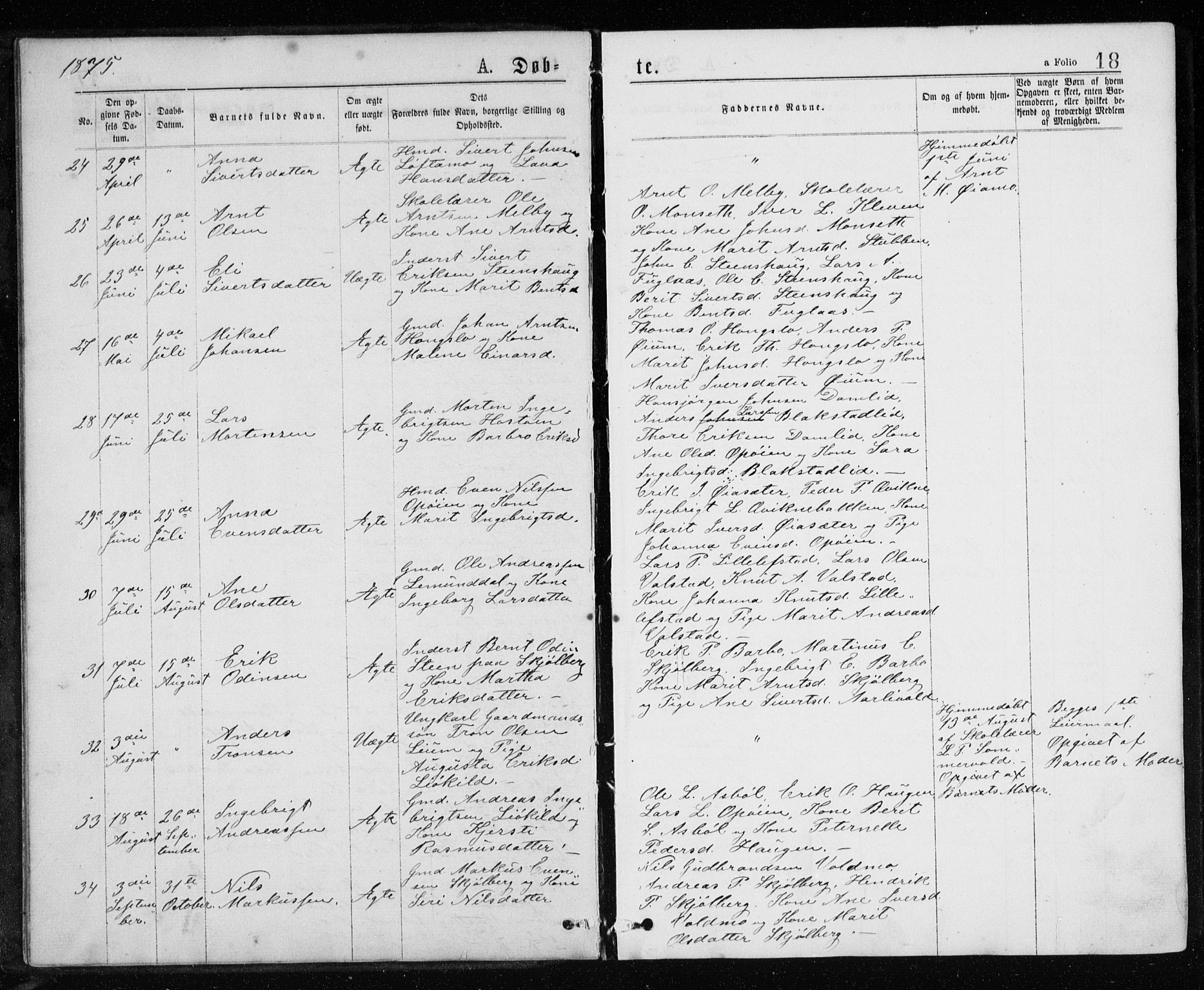 Ministerialprotokoller, klokkerbøker og fødselsregistre - Sør-Trøndelag, SAT/A-1456/671/L0843: Klokkerbok nr. 671C02, 1873-1892, s. 18