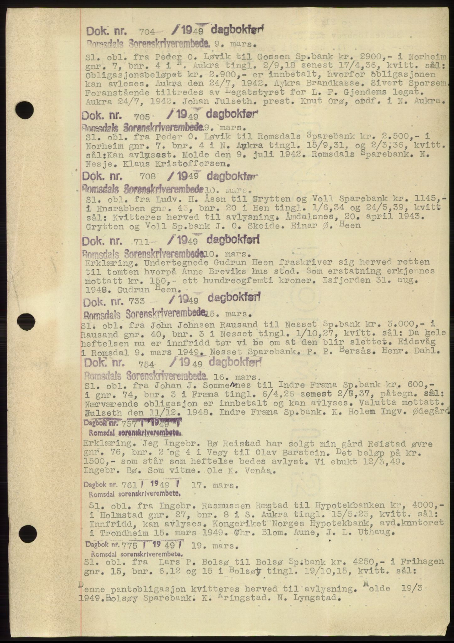 Romsdal sorenskriveri, SAT/A-4149/1/2/2C: Pantebok nr. C2, 1949-1951, Dagboknr: 704/1949