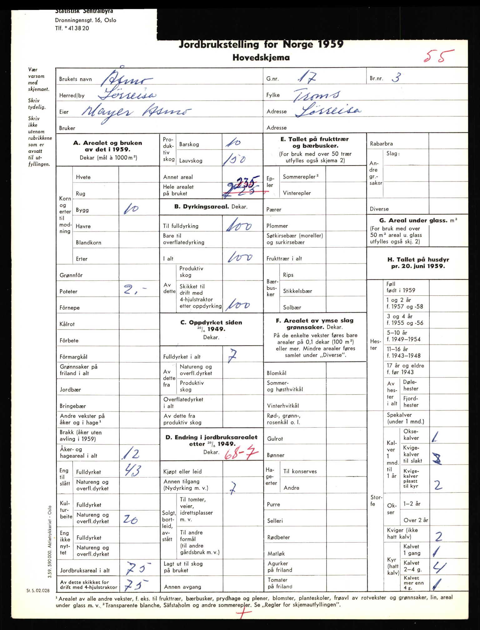 Statistisk sentralbyrå, Næringsøkonomiske emner, Jordbruk, skogbruk, jakt, fiske og fangst, AV/RA-S-2234/G/Gd/L0656: Troms: 1924 Målselv (kl. 0-3) og 1925 Sørreisa, 1959, s. 1141