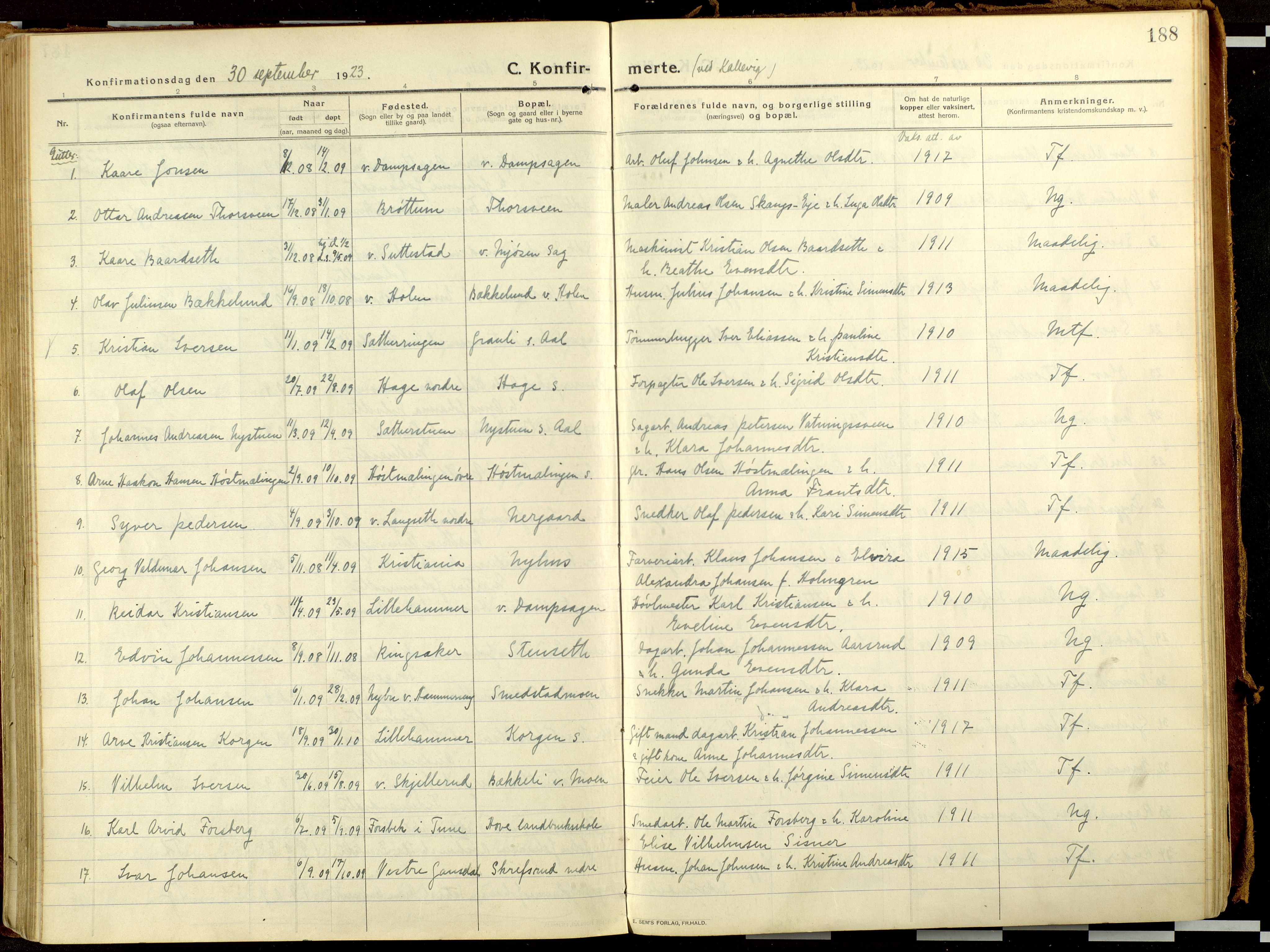 Fåberg prestekontor, AV/SAH-PREST-086/H/Ha/Haa/L0013: Ministerialbok nr. 13, 1913-1928, s. 188