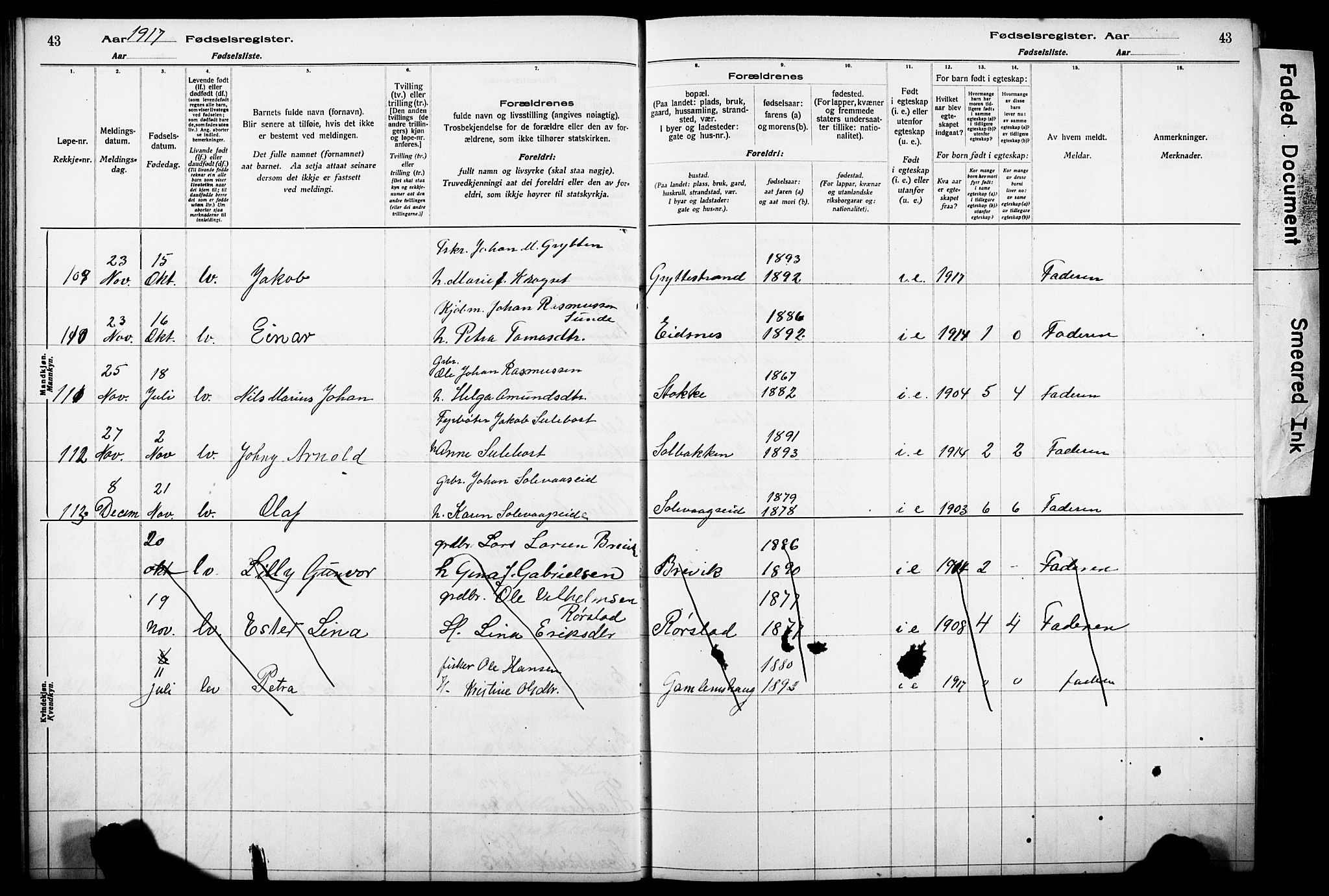 Ministerialprotokoller, klokkerbøker og fødselsregistre - Møre og Romsdal, SAT/A-1454/528/L0442: Fødselsregister nr. 528.II.4.1, 1916-1924, s. 43