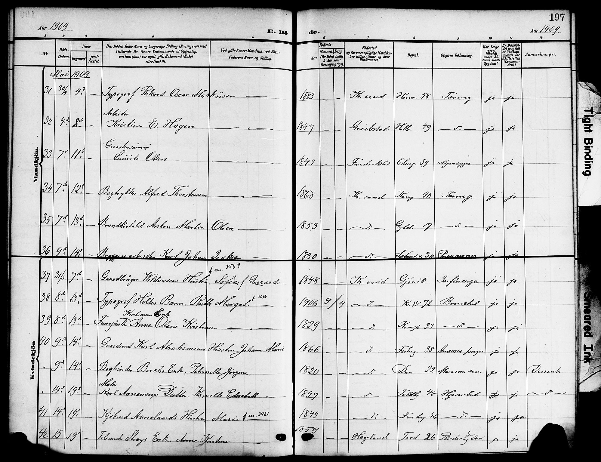 Kristiansand domprosti, AV/SAK-1112-0006/F/Fb/L0020: Klokkerbok nr. B 20, 1906-1915, s. 197