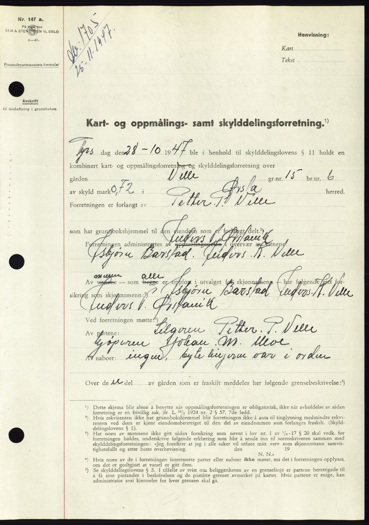 Søre Sunnmøre sorenskriveri, SAT/A-4122/1/2/2C/L0081: Pantebok nr. 7A, 1947-1948, Dagboknr: 1705/1947
