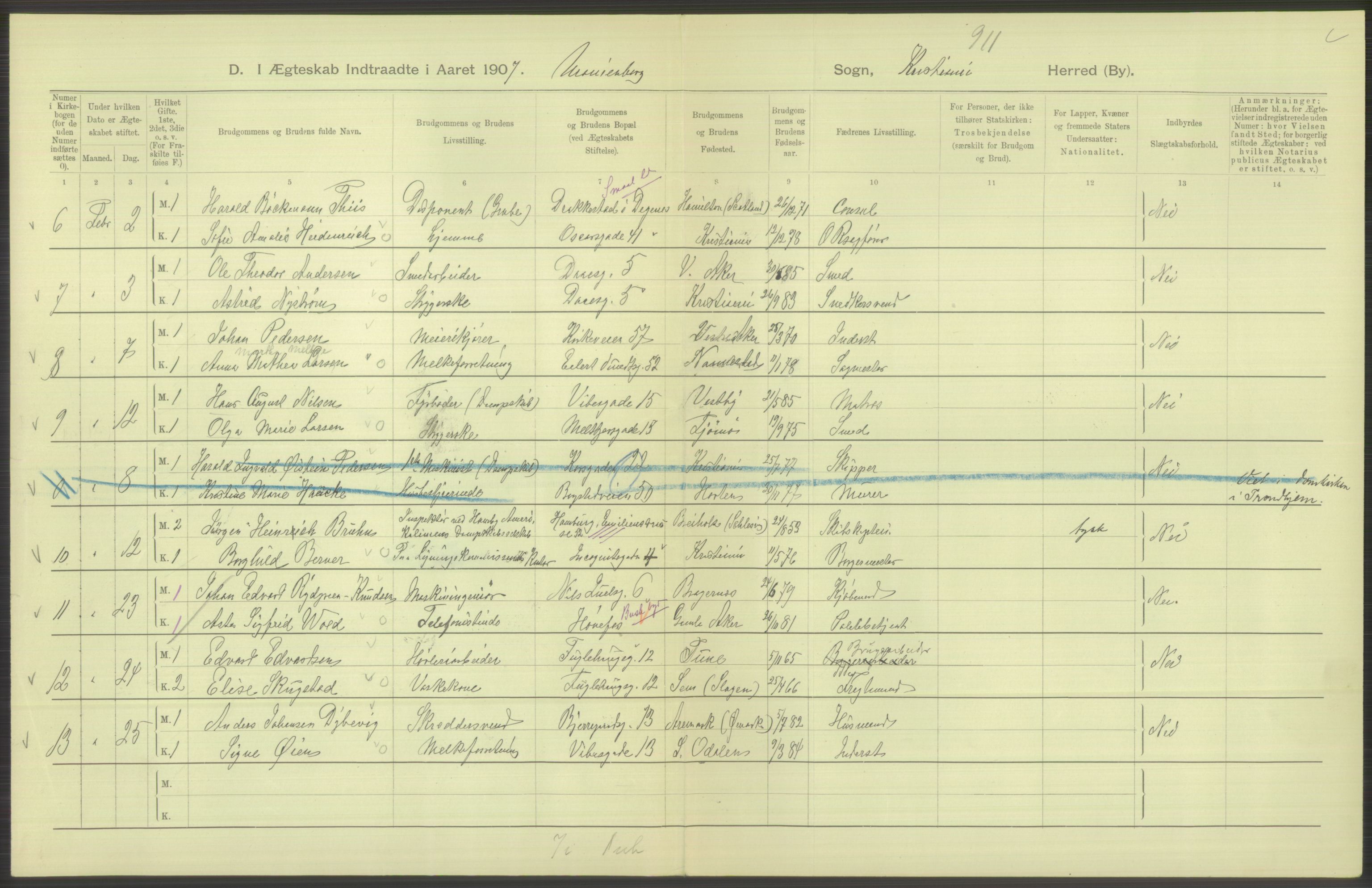 Statistisk sentralbyrå, Sosiodemografiske emner, Befolkning, AV/RA-S-2228/D/Df/Dfa/Dfae/L0008: Kristiania: Gifte, 1907, s. 518