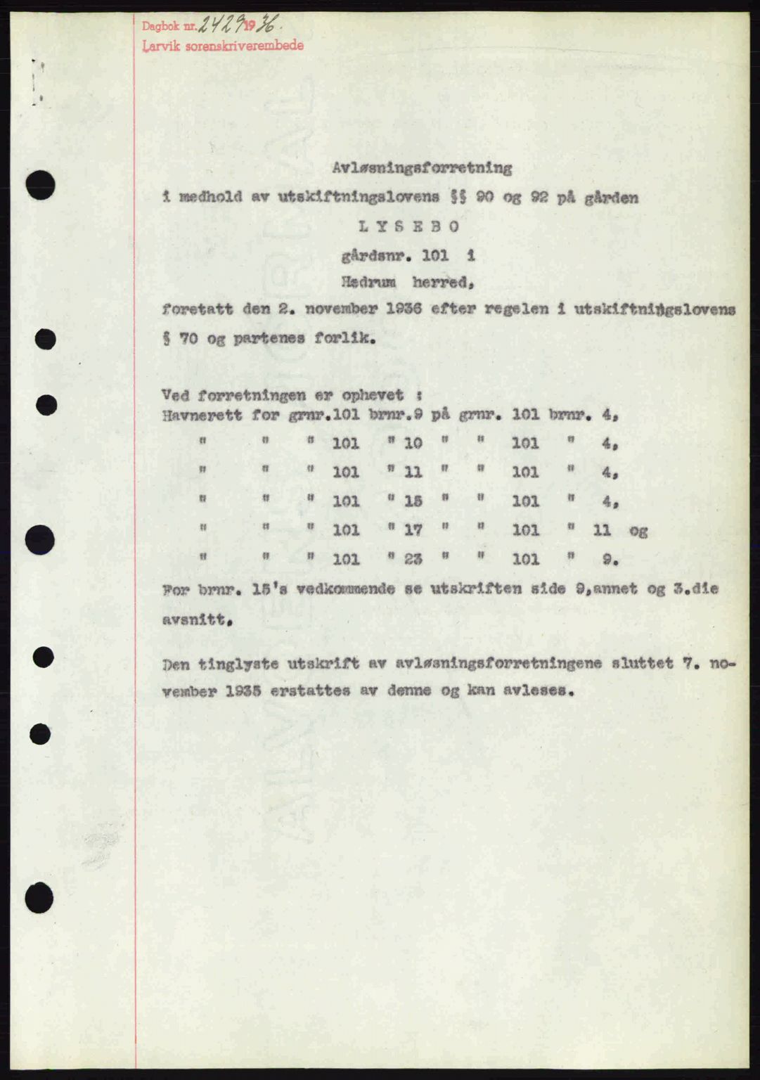 Larvik sorenskriveri, SAKO/A-83/G/Ga/Gab/L0067: Pantebok nr. A-1, 1936-1937, Dagboknr: 2429/1936