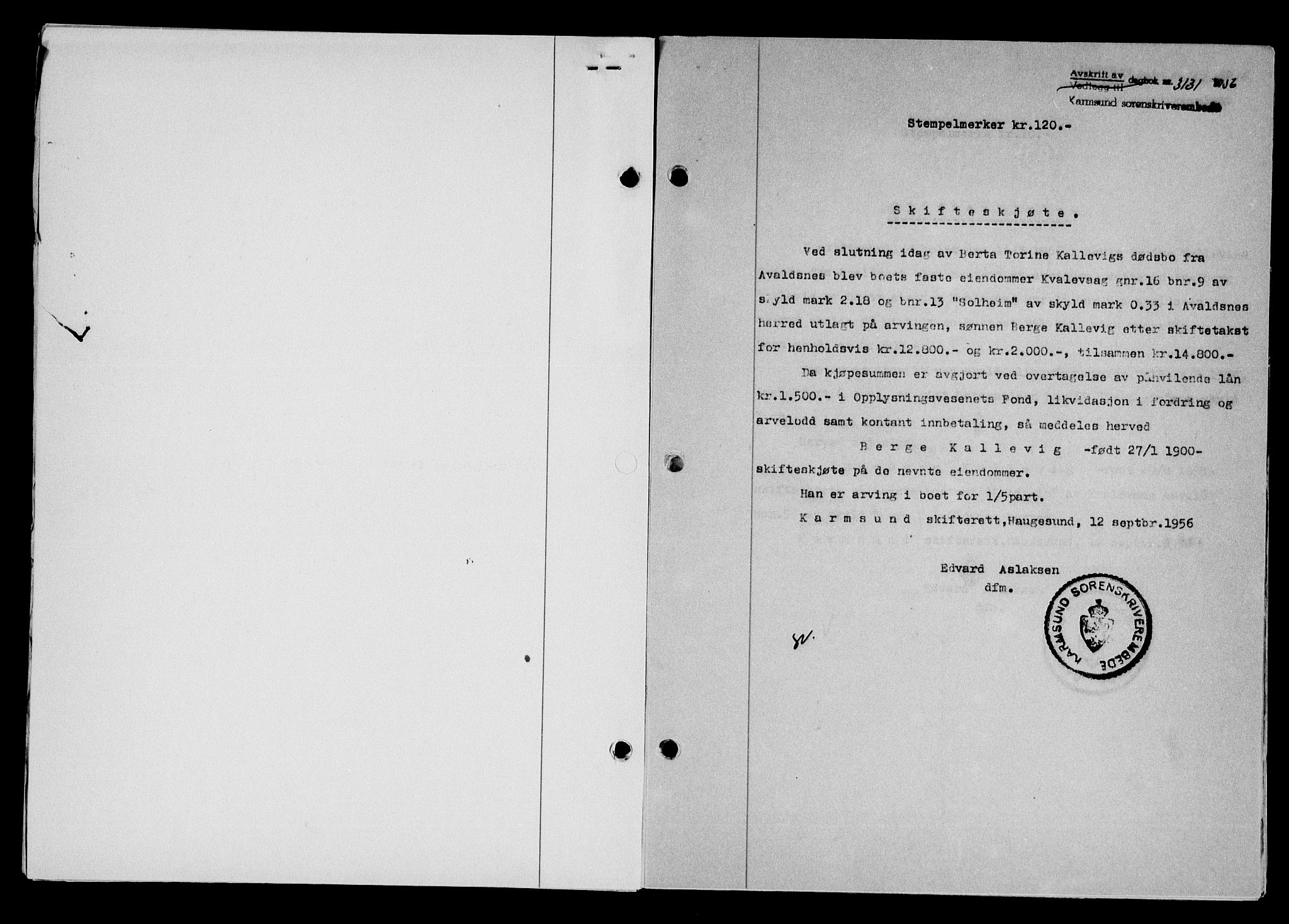 Karmsund sorenskriveri, SAST/A-100311/01/II/IIB/L0121: Pantebok nr. 101A, 1956-1956, Dagboknr: 3131/1956