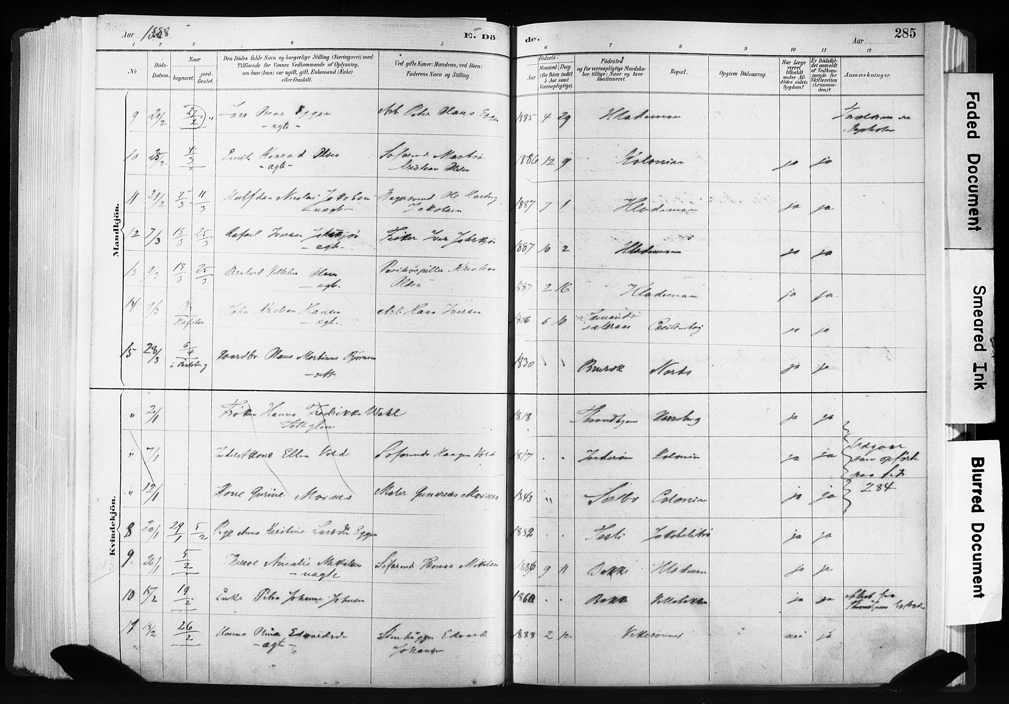 Ministerialprotokoller, klokkerbøker og fødselsregistre - Sør-Trøndelag, SAT/A-1456/606/L0300: Ministerialbok nr. 606A15, 1886-1893, s. 285