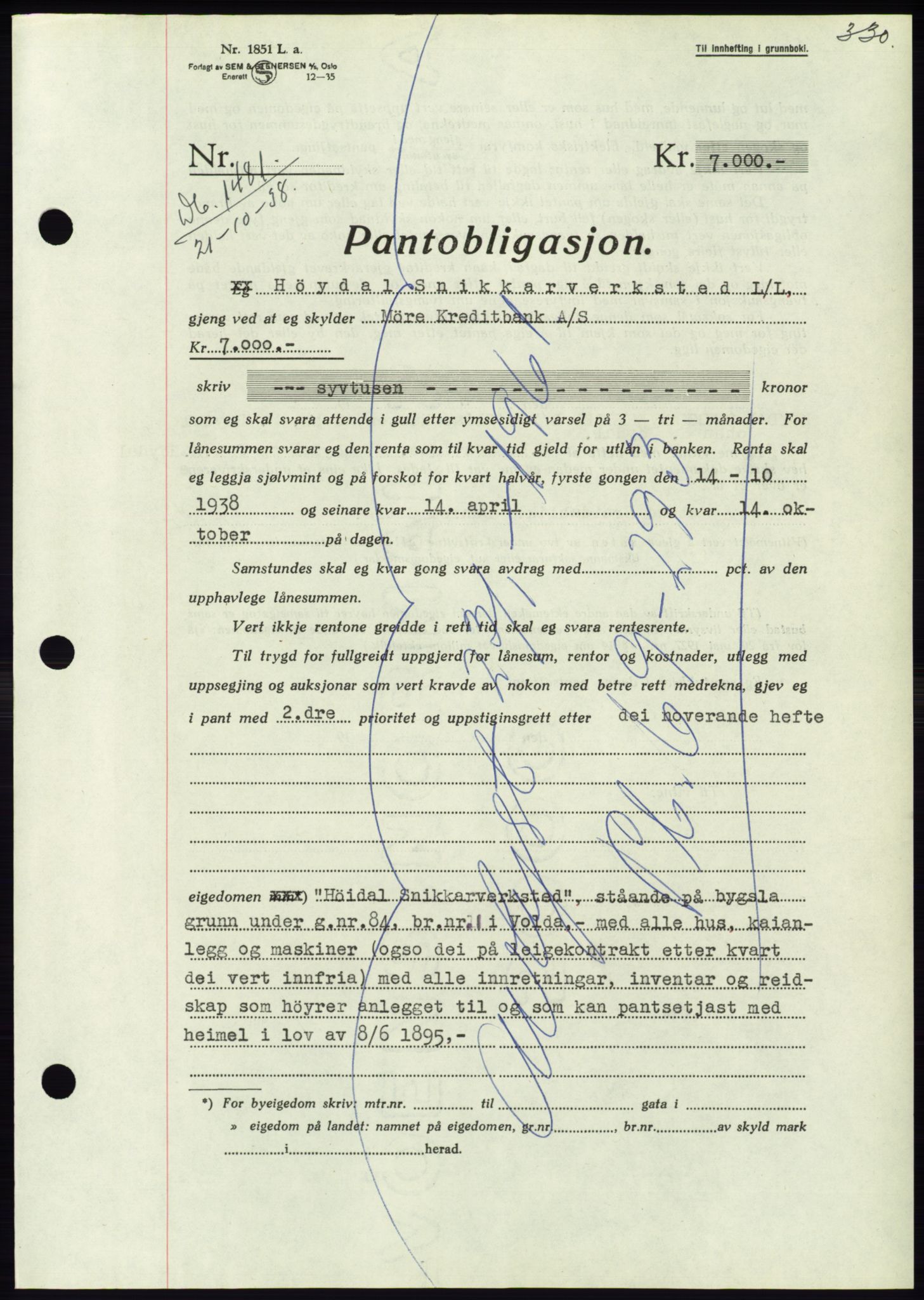 Søre Sunnmøre sorenskriveri, AV/SAT-A-4122/1/2/2C/L0066: Pantebok nr. 60, 1938-1938, Dagboknr: 1481/1938