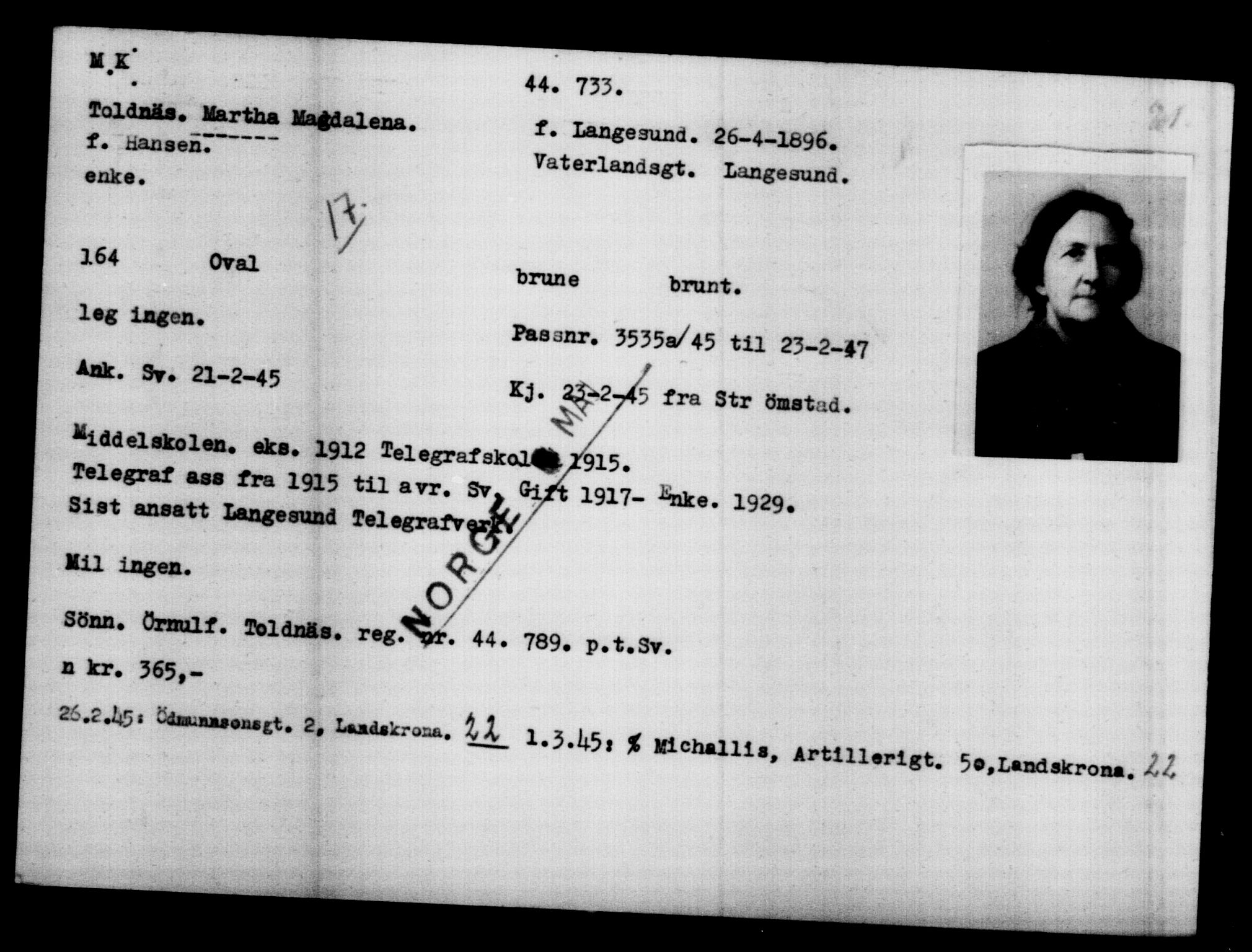 Utenriksstasjonene, Legasjonen i Stockholm, Flyktningkontoret, AV/RA-S-6753/V/Va/L0017: Kjesäterkartoteket, flyktninger med registreringsnr. 43400-46318, 1940-1945, s. 1399