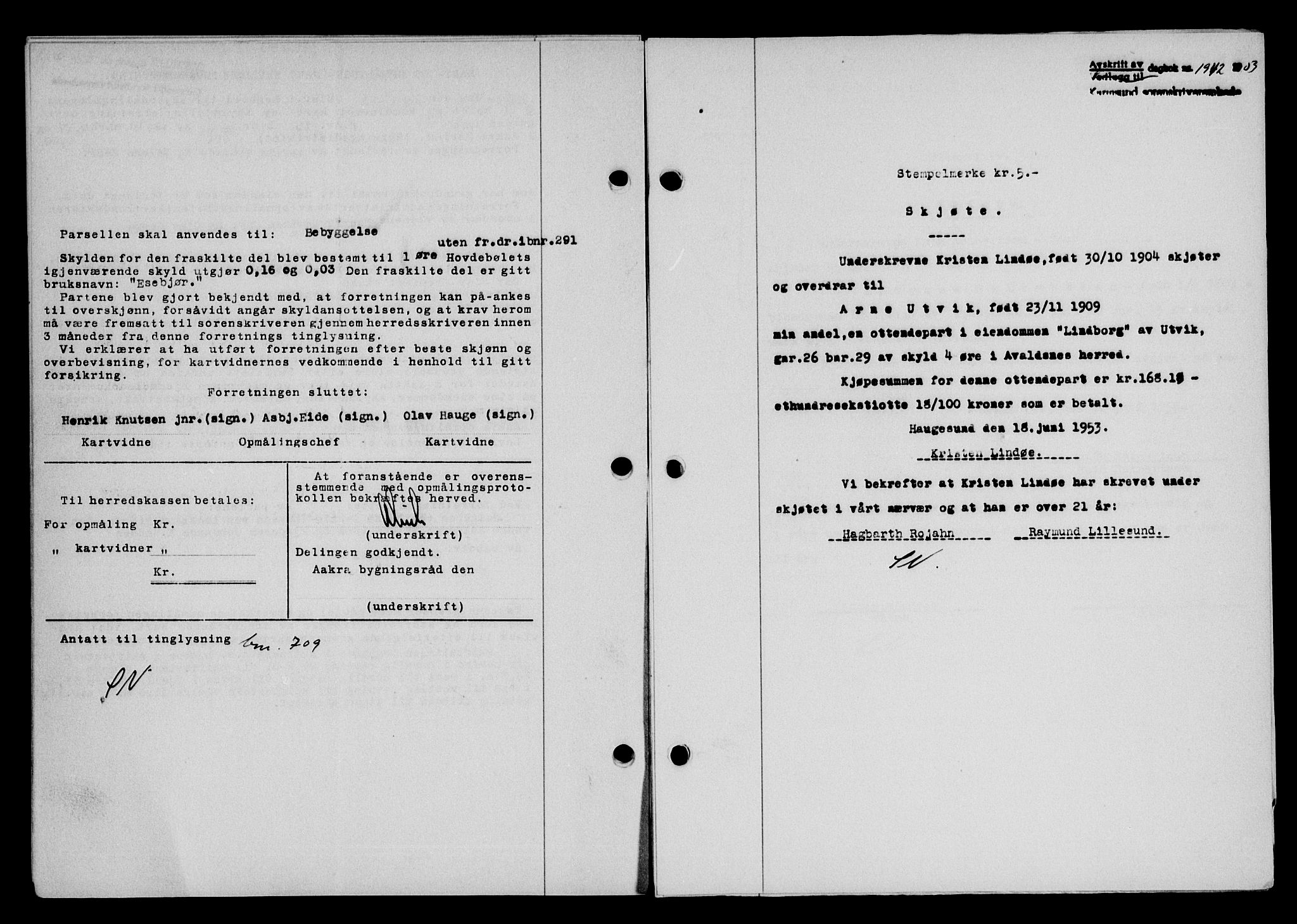 Karmsund sorenskriveri, SAST/A-100311/01/II/IIB/L0109: Pantebok nr. 89A, 1953-1953, Dagboknr: 1942/1953