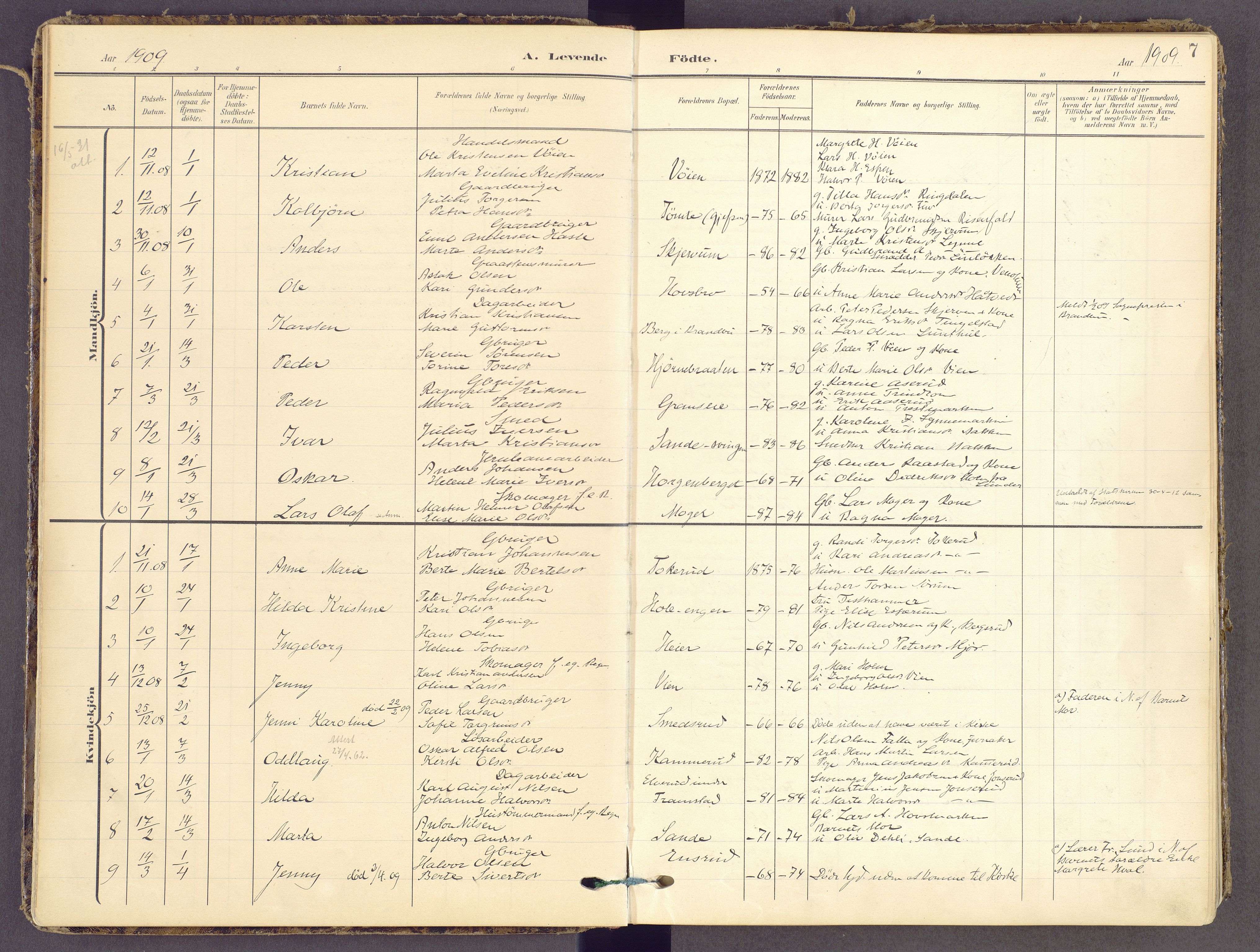 Gran prestekontor, AV/SAH-PREST-112/H/Ha/Haa/L0021: Ministerialbok nr. 21, 1908-1932, s. 7