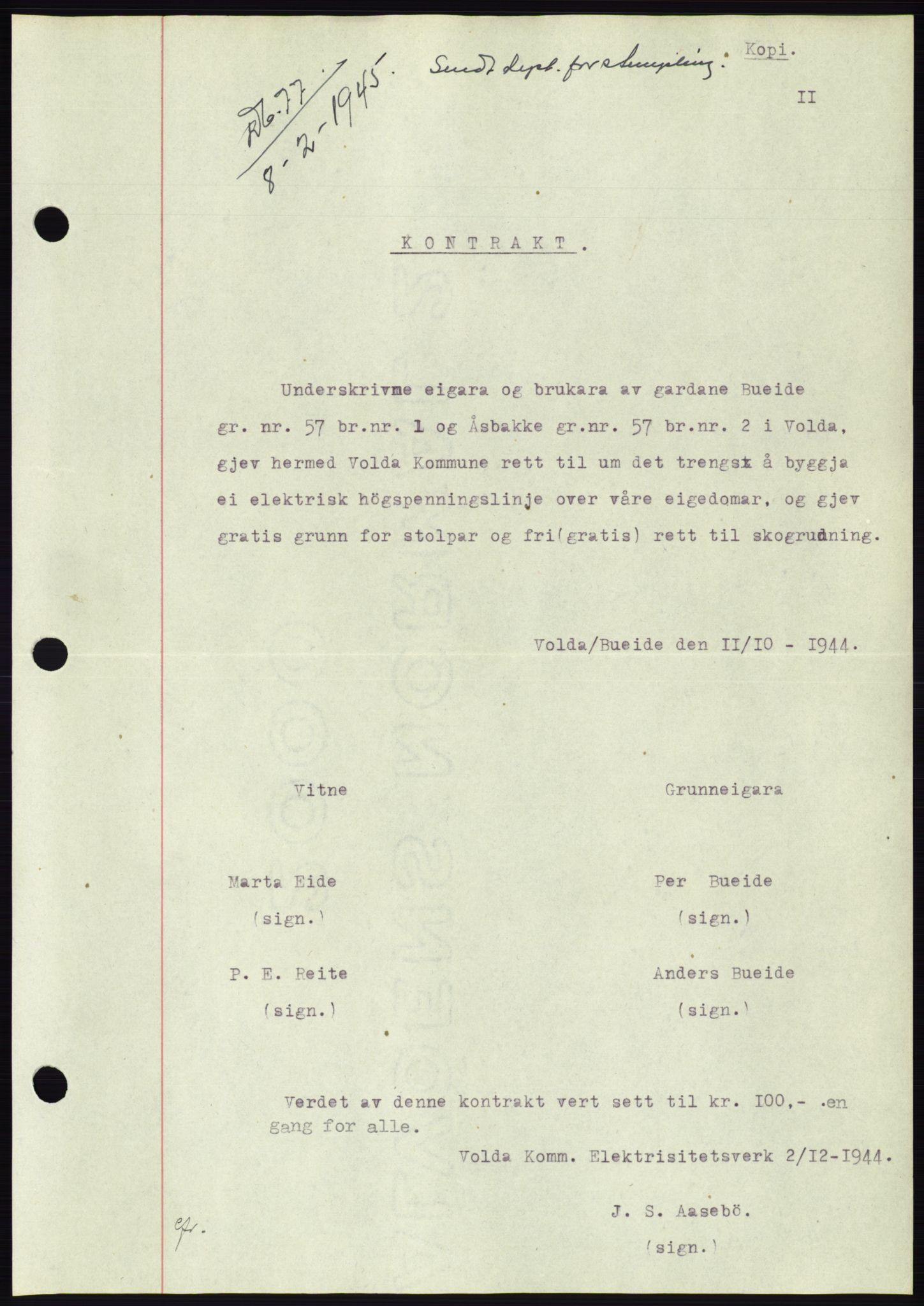 Søre Sunnmøre sorenskriveri, SAT/A-4122/1/2/2C/L0077: Pantebok nr. 3A, 1945-1946, Dagboknr: 77/1945