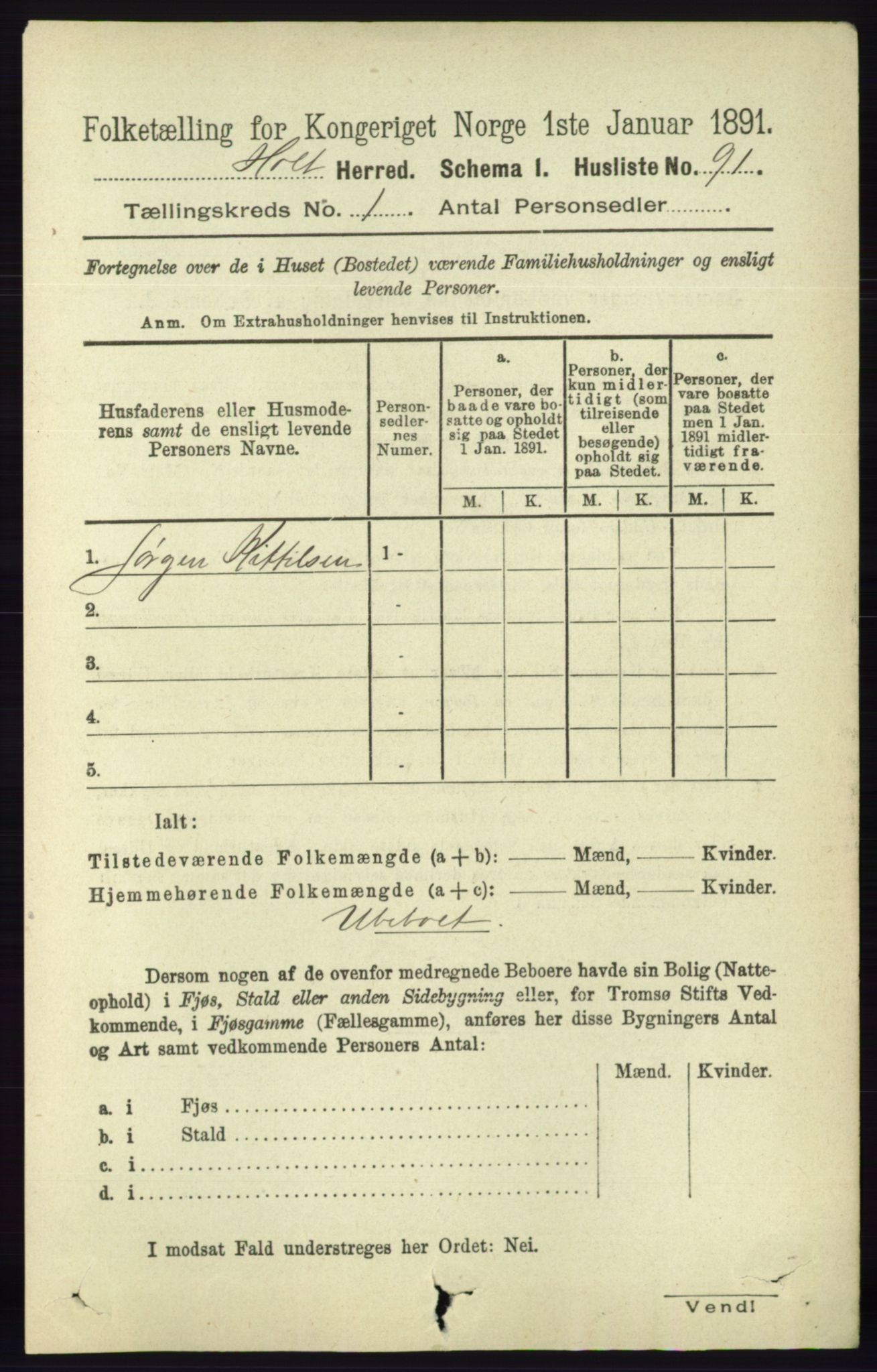 RA, Folketelling 1891 for 0914 Holt herred, 1891, s. 124