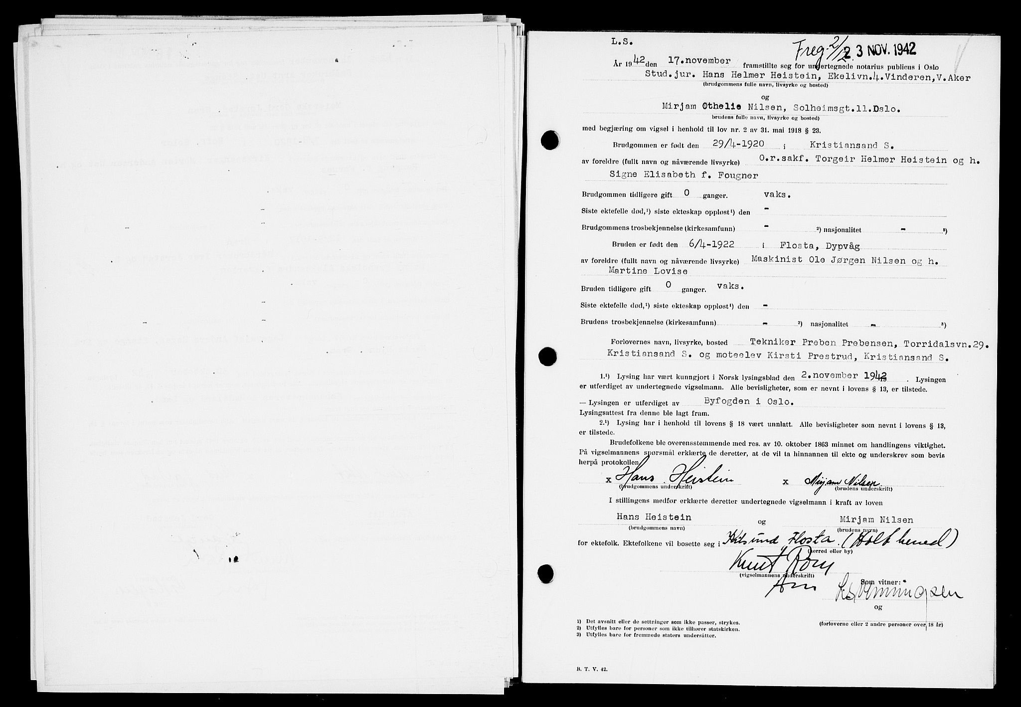 Oslo byfogd avd. I, AV/SAO-A-10220/L/Lb/Lbb/L0042: Notarialprotokoll, rekke II: Vigsler, 1942