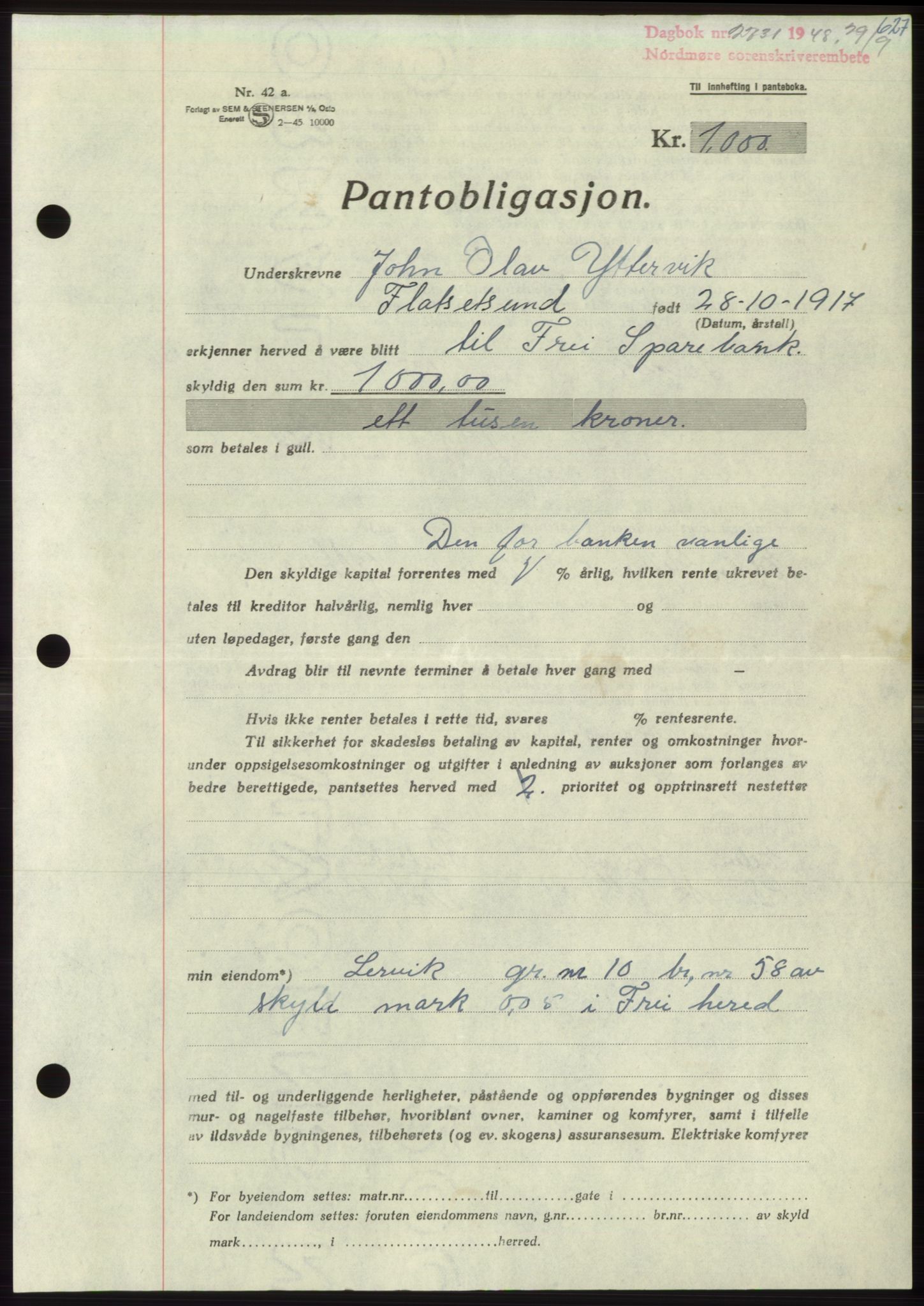 Nordmøre sorenskriveri, SAT/A-4132/1/2/2Ca: Pantebok nr. B99, 1948-1948, Dagboknr: 2731/1948