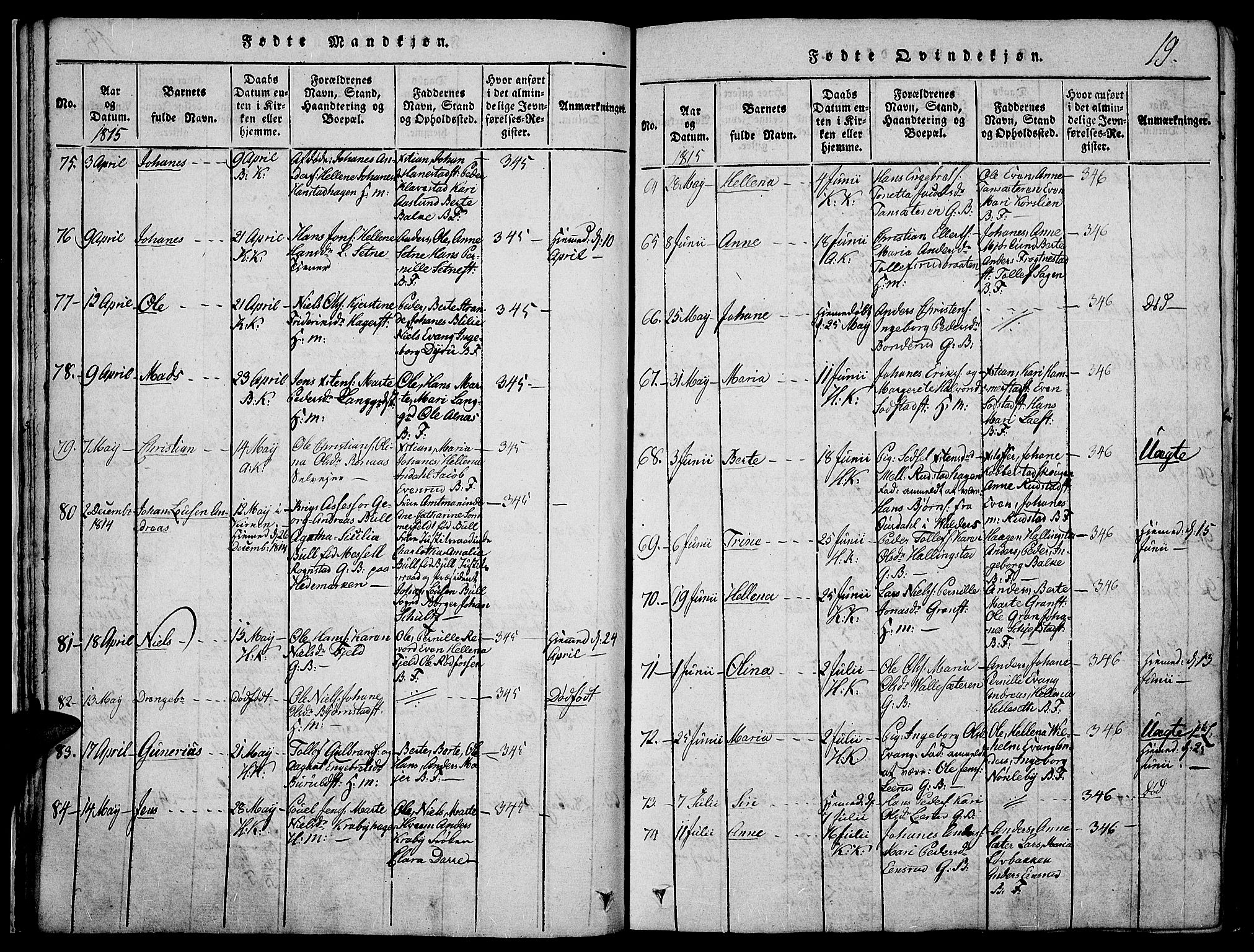 Toten prestekontor, SAH/PREST-102/H/Ha/Haa/L0009: Ministerialbok nr. 9, 1814-1820, s. 19