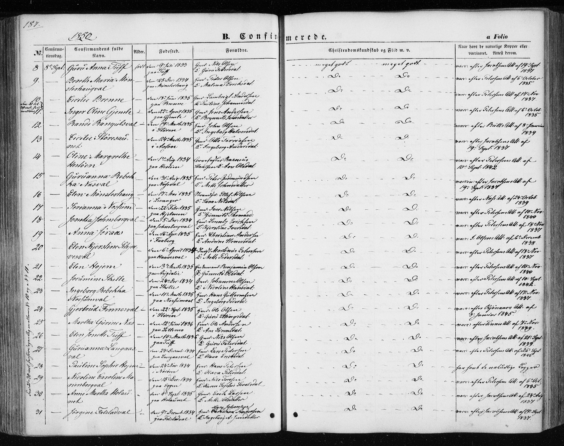 Ministerialprotokoller, klokkerbøker og fødselsregistre - Nord-Trøndelag, AV/SAT-A-1458/717/L0154: Ministerialbok nr. 717A07 /1, 1850-1862, s. 187