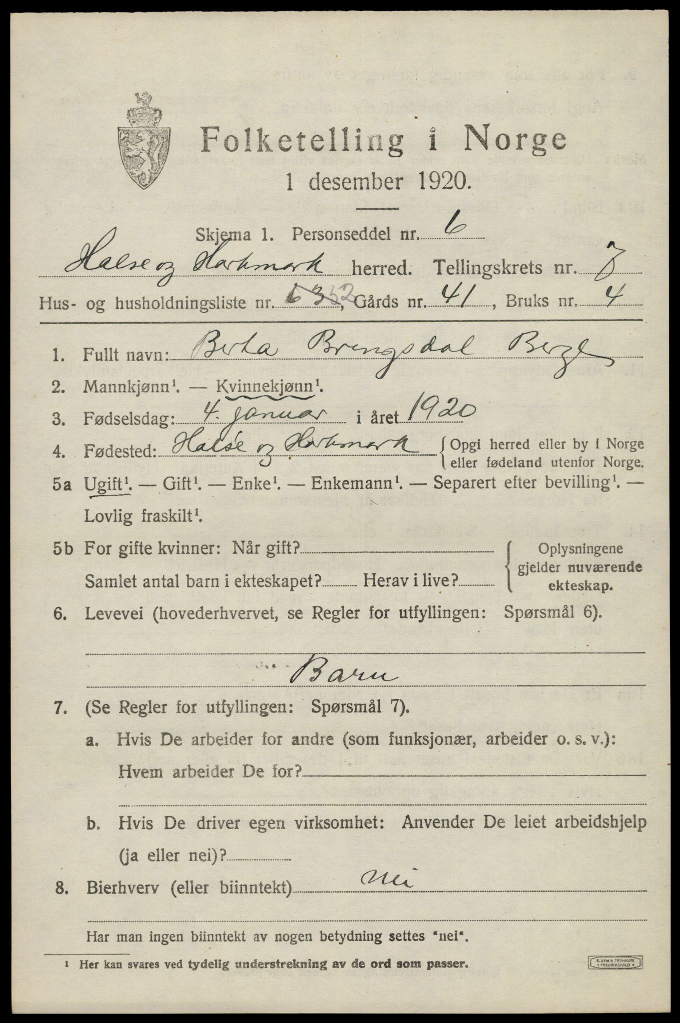 SAK, Folketelling 1920 for 1019 Halse og Harkmark herred, 1920, s. 4255