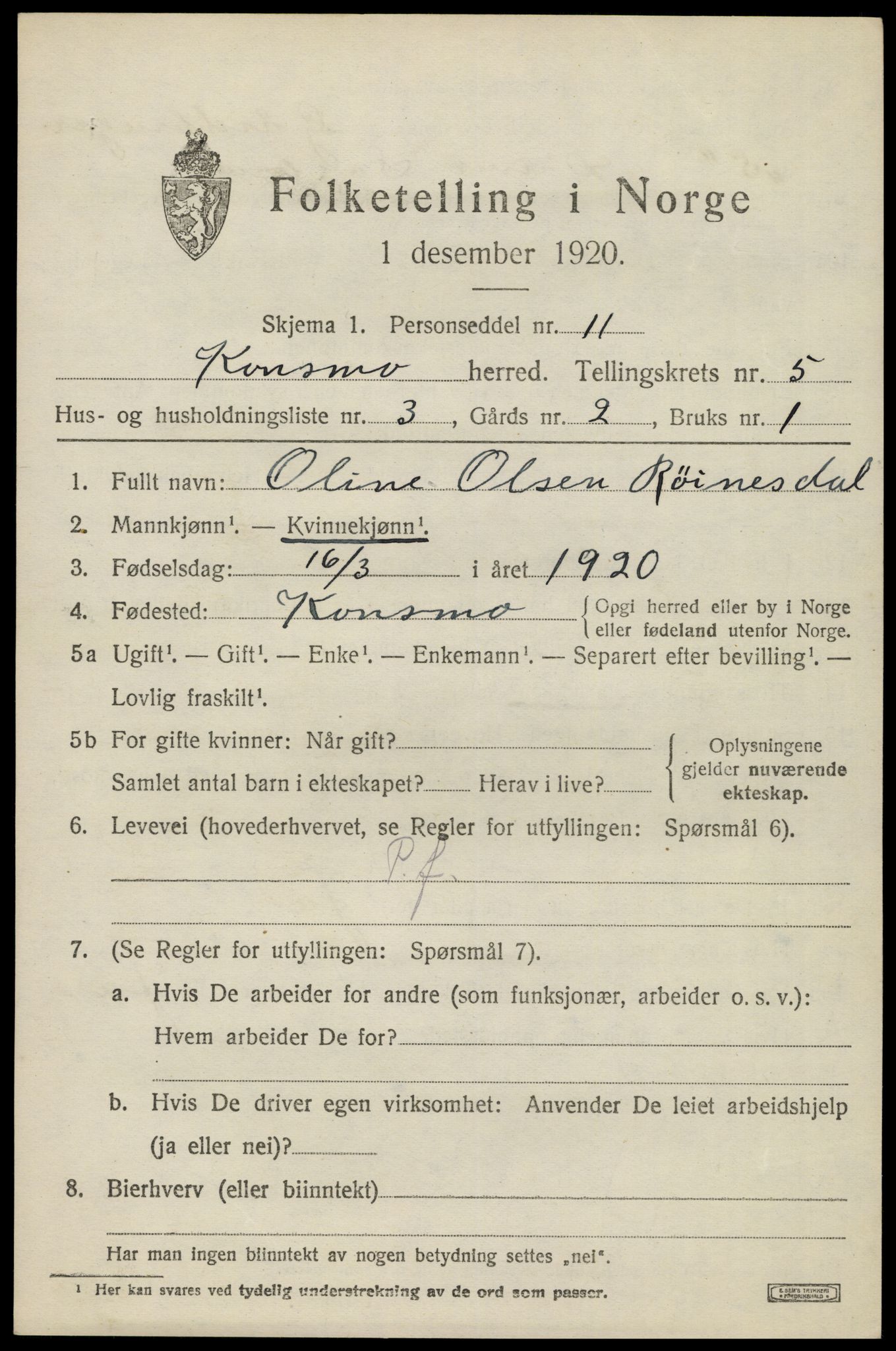 SAK, Folketelling 1920 for 1027 Konsmo herred, 1920, s. 1312
