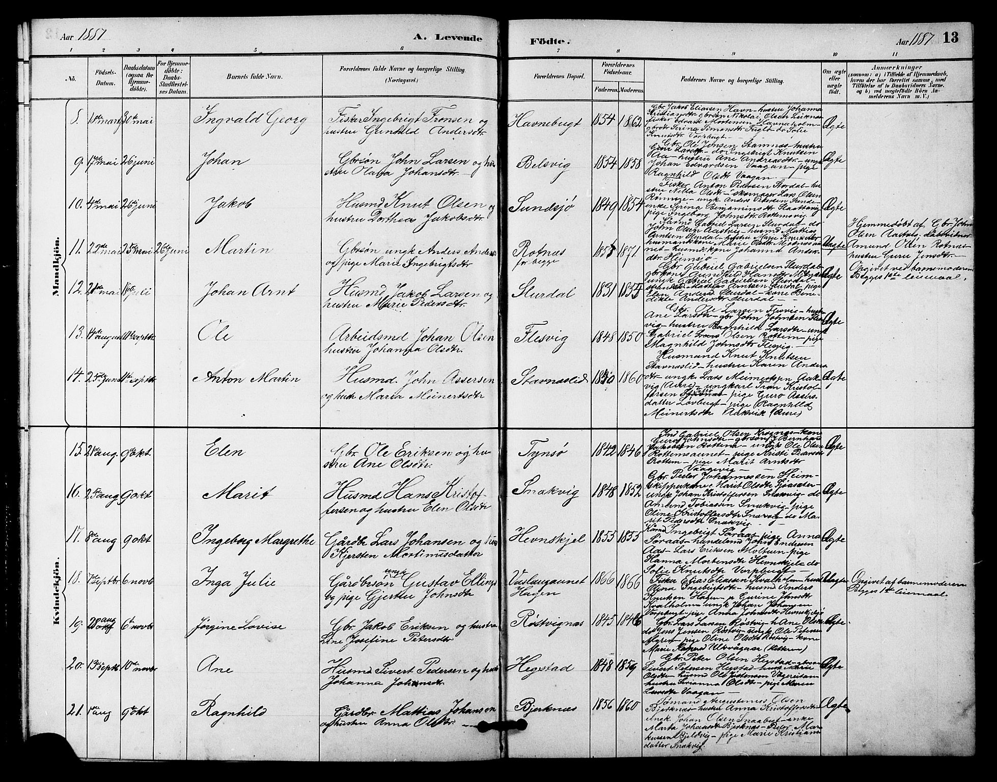 Ministerialprotokoller, klokkerbøker og fødselsregistre - Sør-Trøndelag, AV/SAT-A-1456/633/L0519: Klokkerbok nr. 633C01, 1884-1905, s. 13