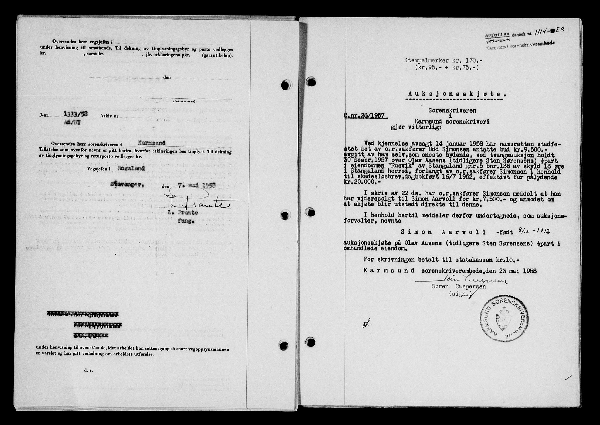 Karmsund sorenskriveri, SAST/A-100311/01/II/IIB/L0128: Pantebok nr. 108A, 1958-1958, Dagboknr: 1114/1958