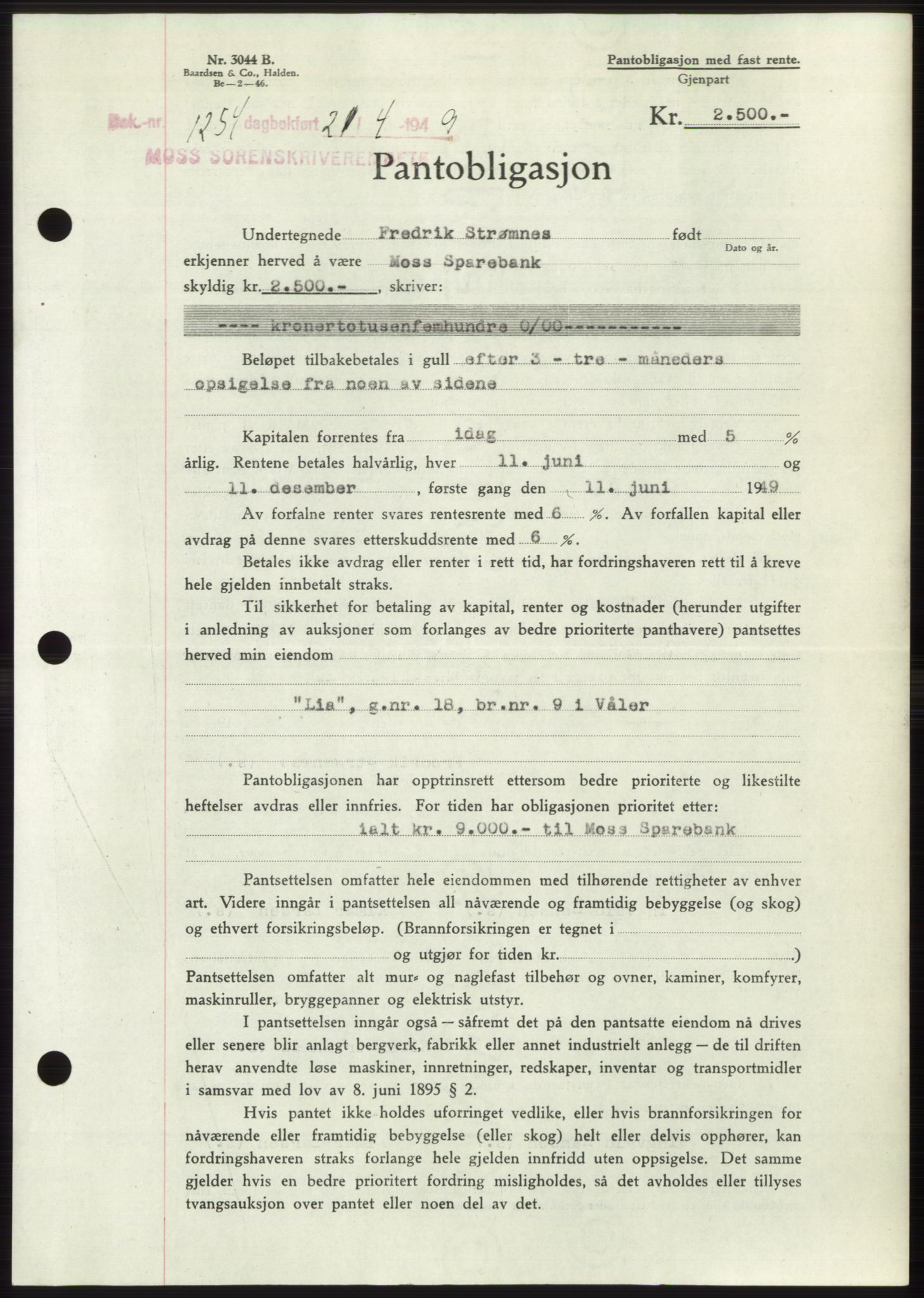 Moss sorenskriveri, SAO/A-10168: Pantebok nr. B21, 1949-1949, Dagboknr: 1254/1949