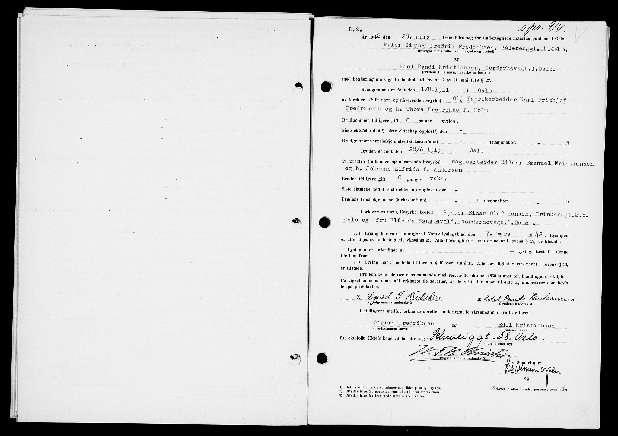 Oslo byfogd avd. I, AV/SAO-A-10220/L/Lb/Lbb/L0039: Notarialprotokoll, rekke II: Vigsler, 1942