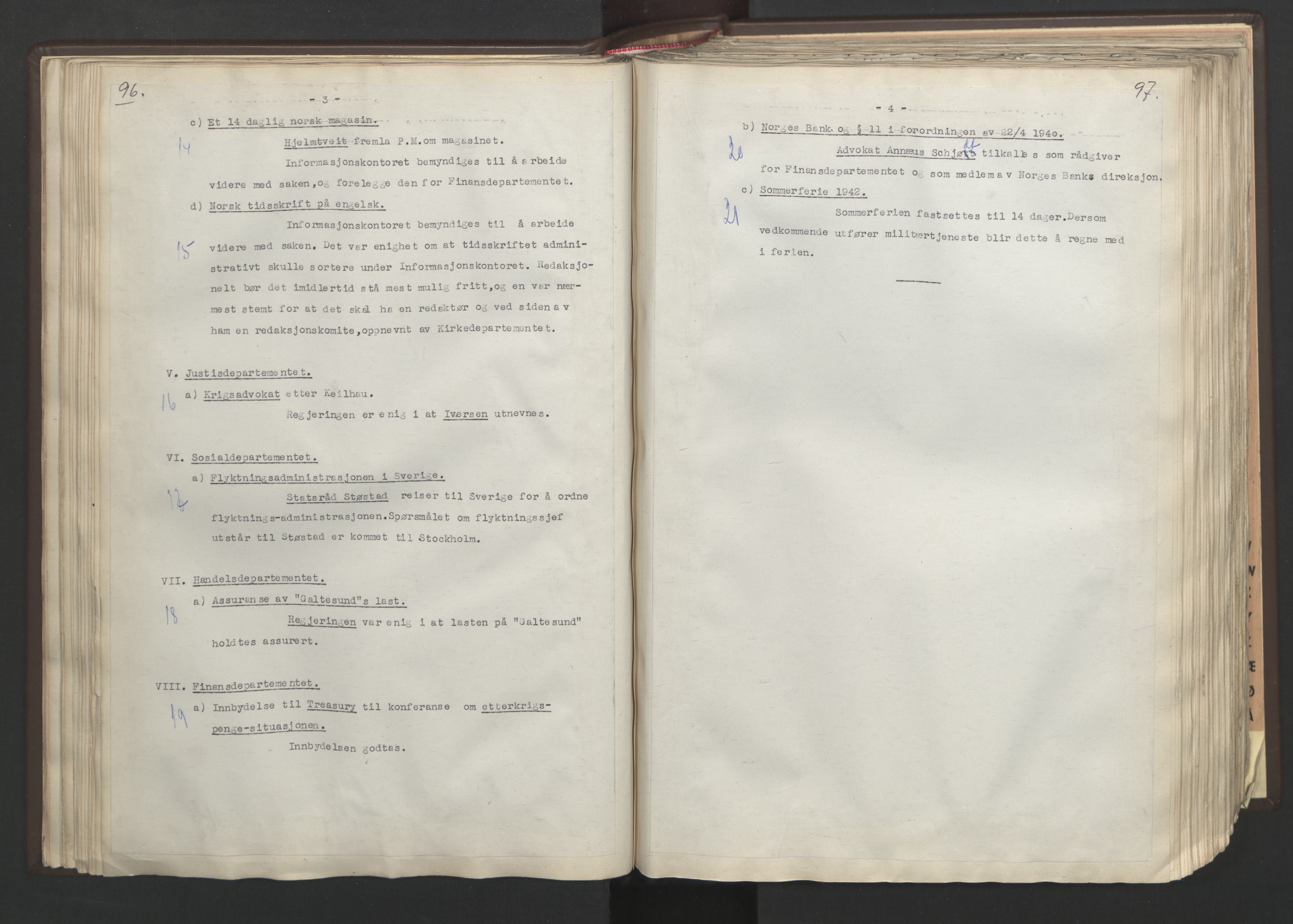 Statsministerens kontor, RA/S-1005/A/Aa/L0002: Referat fra regjeringskonferanser, 1942-1943, s. 96-97
