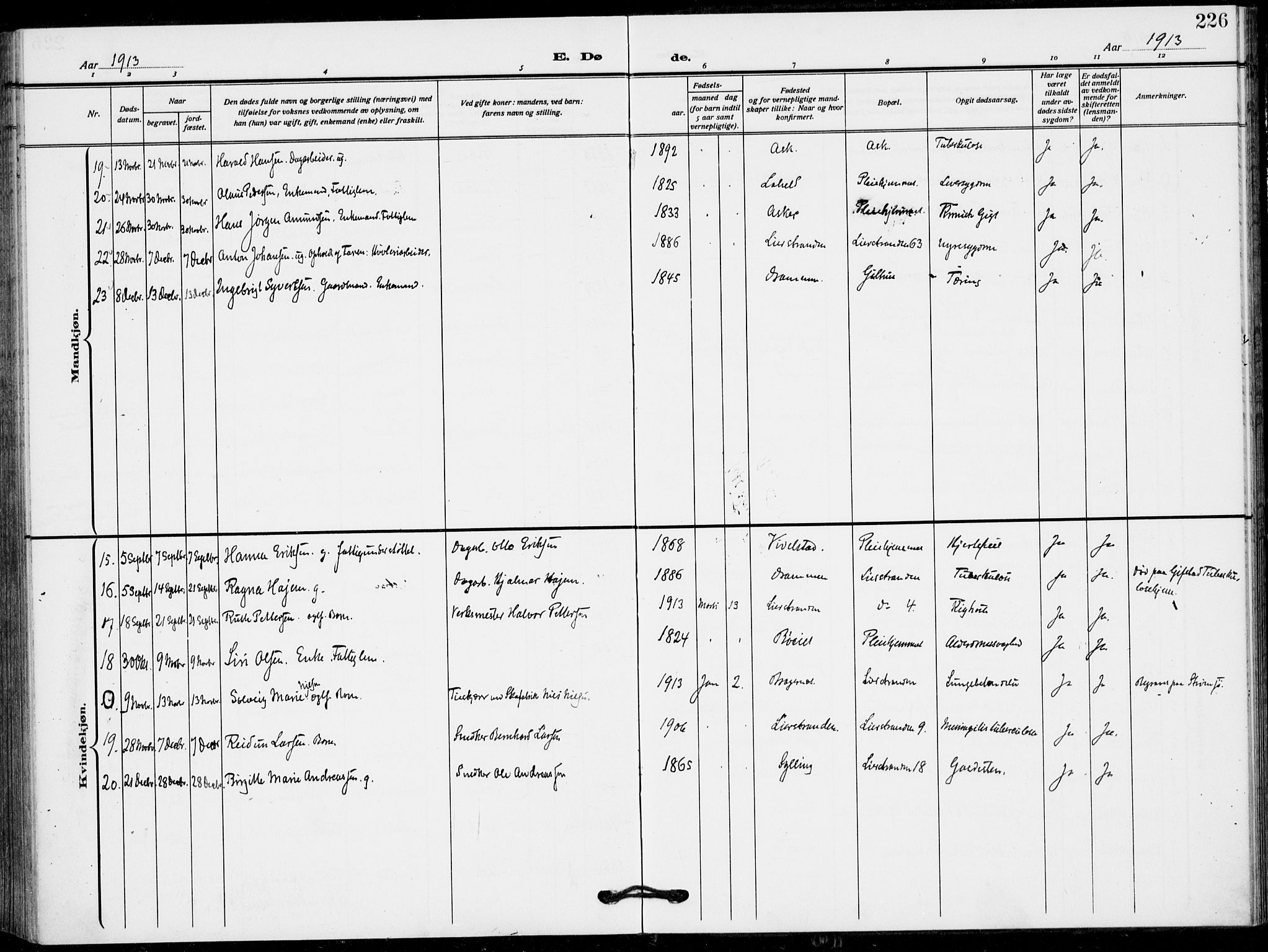 Lier kirkebøker, AV/SAKO-A-230/F/Fa/L0018: Ministerialbok nr. I 18, 1909-1917, s. 226