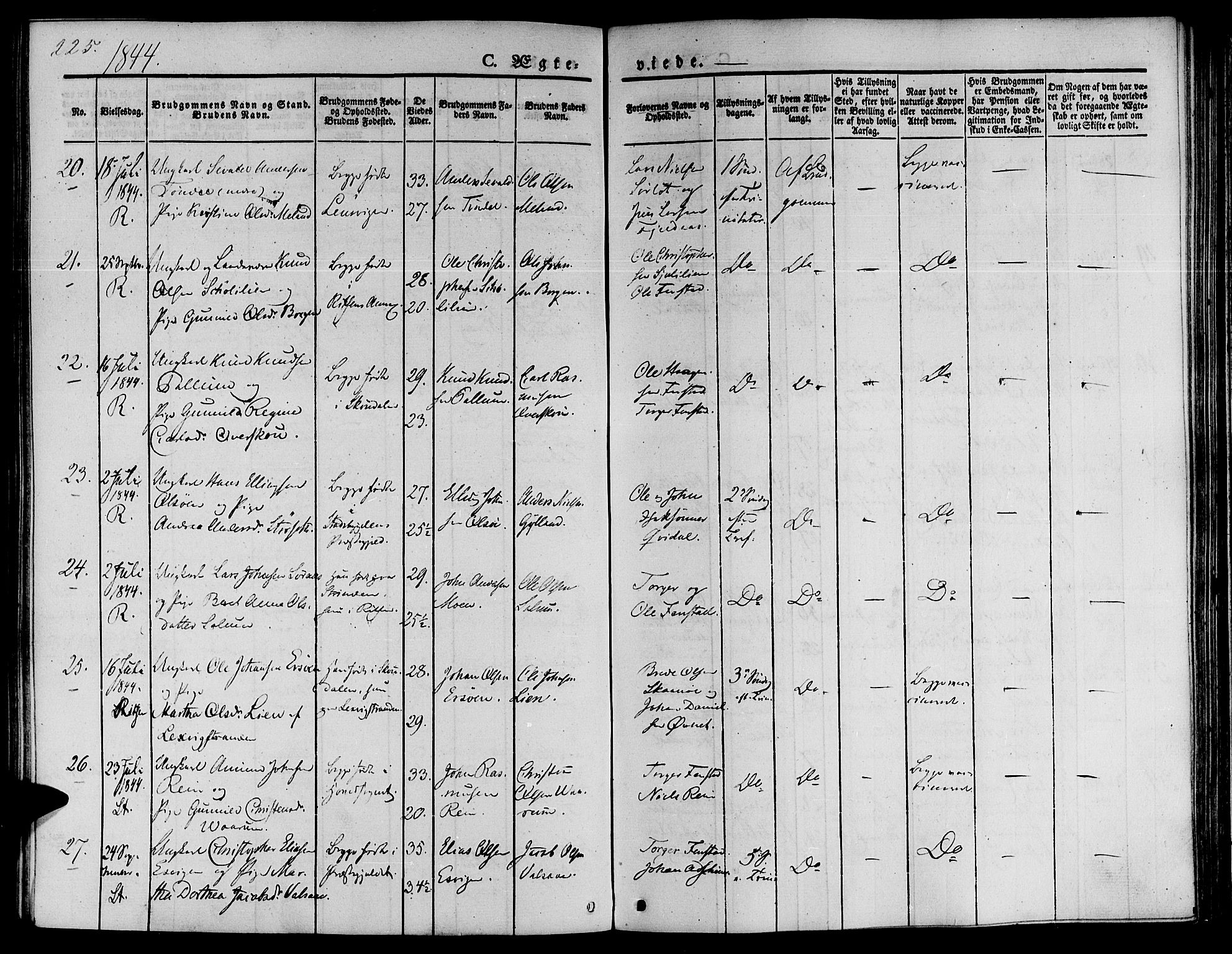 Ministerialprotokoller, klokkerbøker og fødselsregistre - Sør-Trøndelag, SAT/A-1456/646/L0610: Ministerialbok nr. 646A08, 1837-1847, s. 225