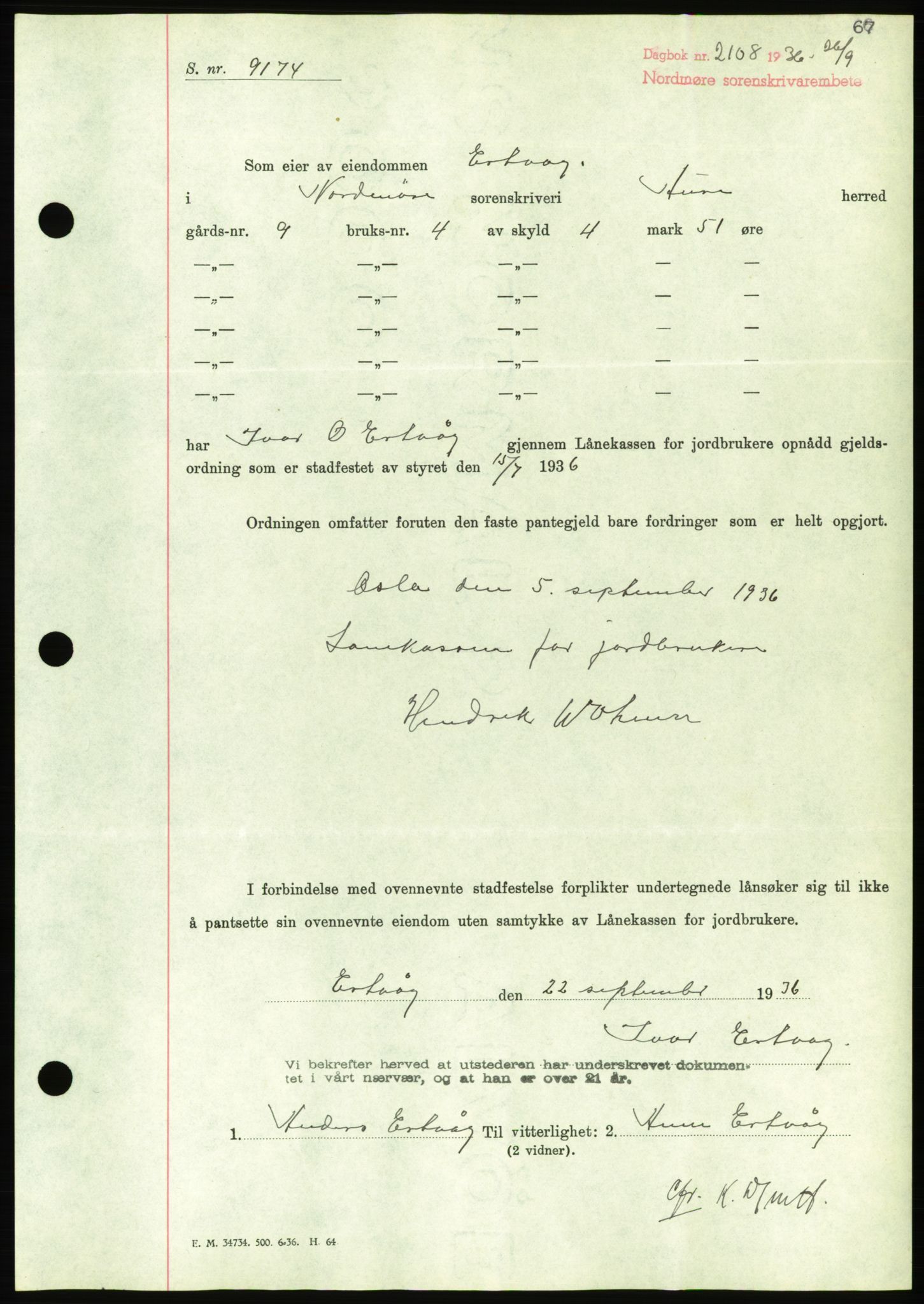 Nordmøre sorenskriveri, AV/SAT-A-4132/1/2/2Ca/L0090: Pantebok nr. B80, 1936-1937, Dagboknr: 2108/1936