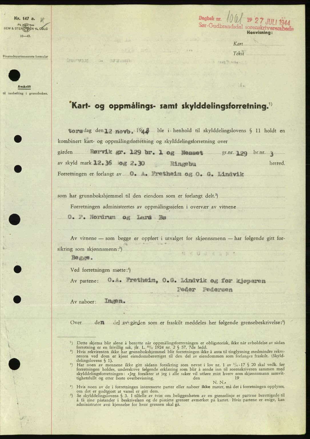 Sør-Gudbrandsdal tingrett, SAH/TING-004/H/Hb/Hbd/L0013: Pantebok nr. A13, 1944-1944, Dagboknr: 1061/1944