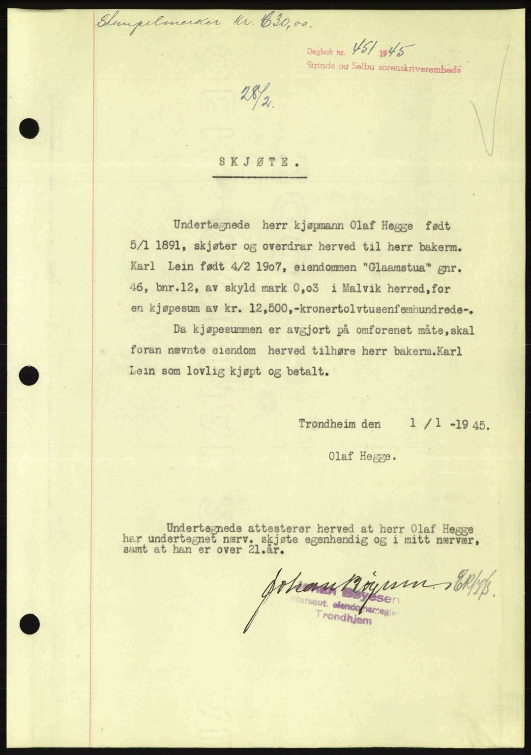 Strinda og Selbu sorenskriveri, SAT/A-0015/2/2C: Pantebok nr. A9, 1944-1945, Dagboknr: 451/1945