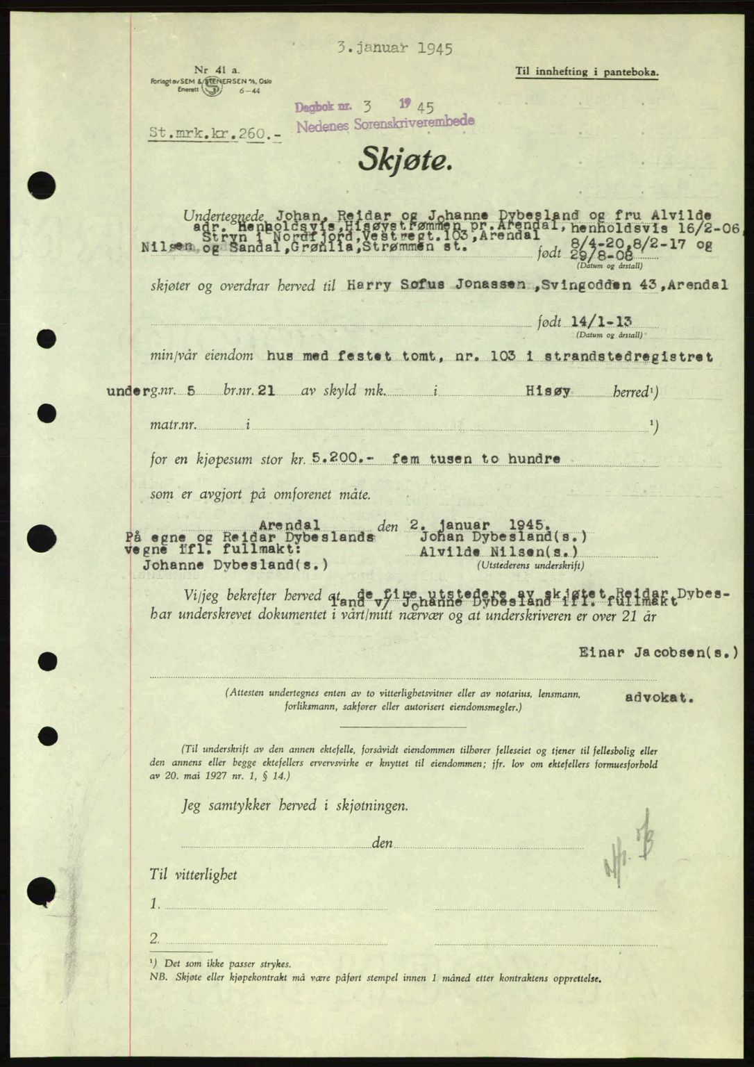 Nedenes sorenskriveri, SAK/1221-0006/G/Gb/Gba/L0052: Pantebok nr. A6a, 1944-1945, Dagboknr: 3/1945