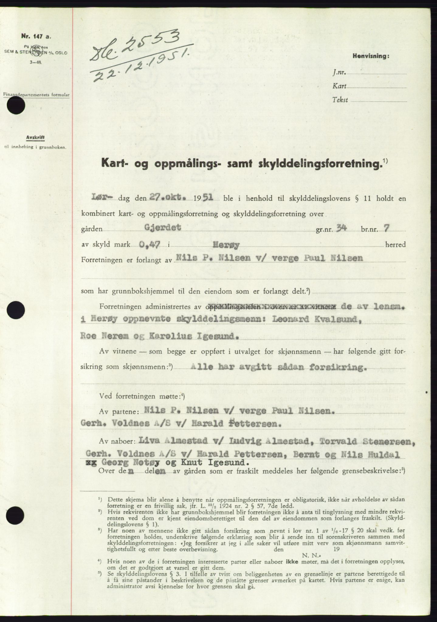 Søre Sunnmøre sorenskriveri, SAT/A-4122/1/2/2C/L0091: Pantebok nr. 17A, 1951-1952, Dagboknr: 2553/1951