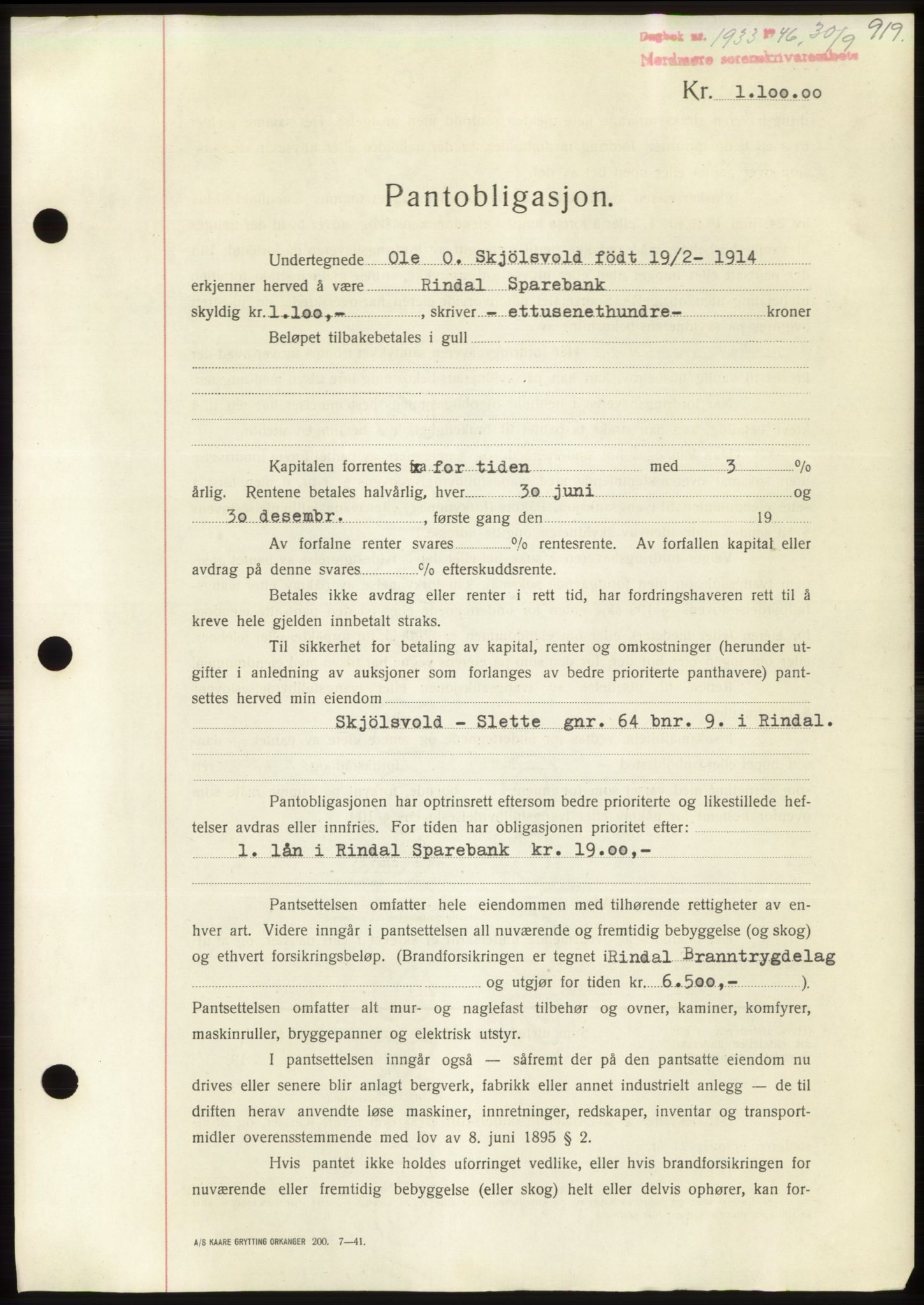 Nordmøre sorenskriveri, AV/SAT-A-4132/1/2/2Ca: Pantebok nr. B94, 1946-1946, Dagboknr: 1933/1946