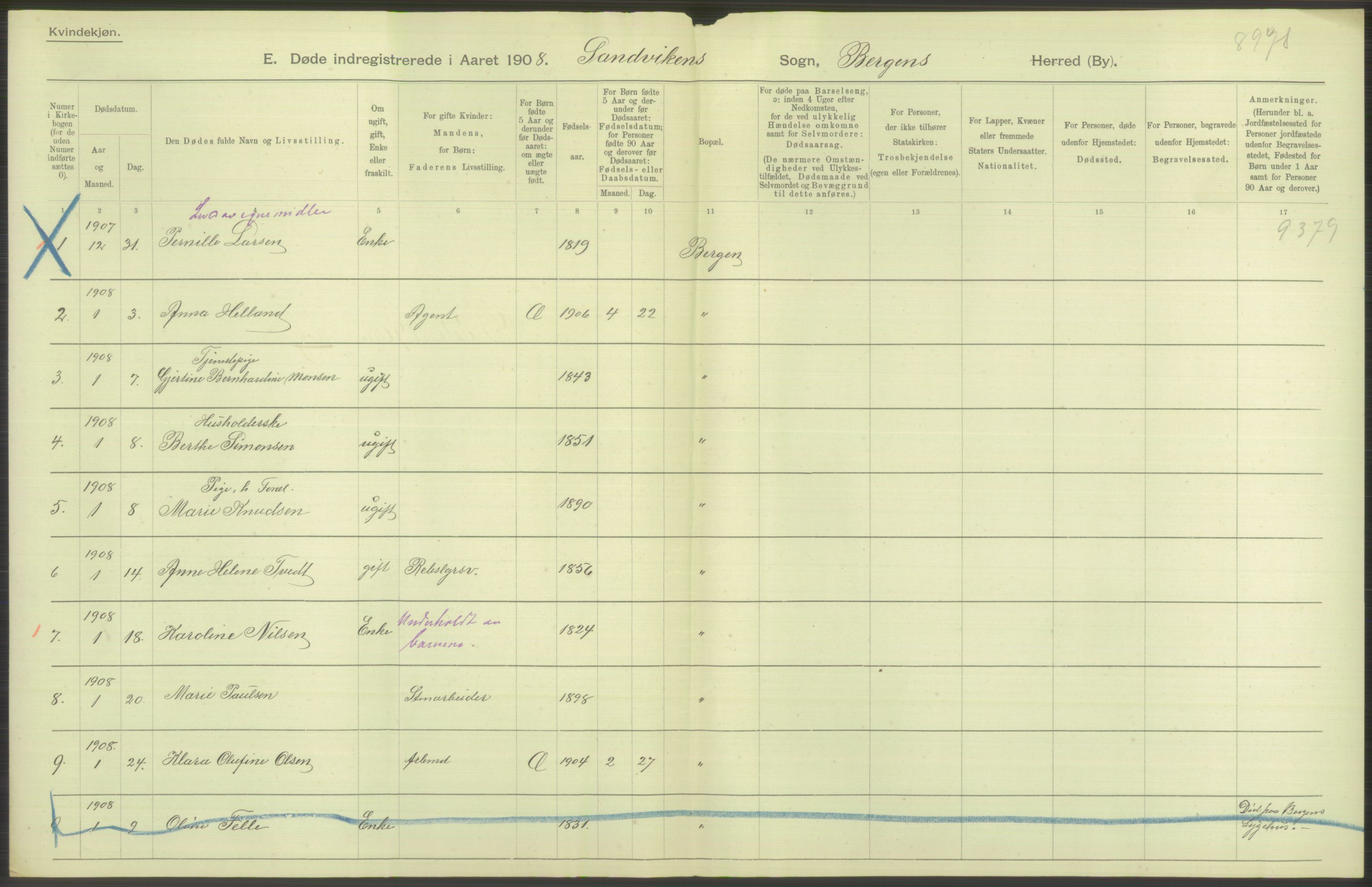 Statistisk sentralbyrå, Sosiodemografiske emner, Befolkning, AV/RA-S-2228/D/Df/Dfa/Dfaf/L0031: Bergen: Gifte, døde, dødfødte., 1908, s. 32