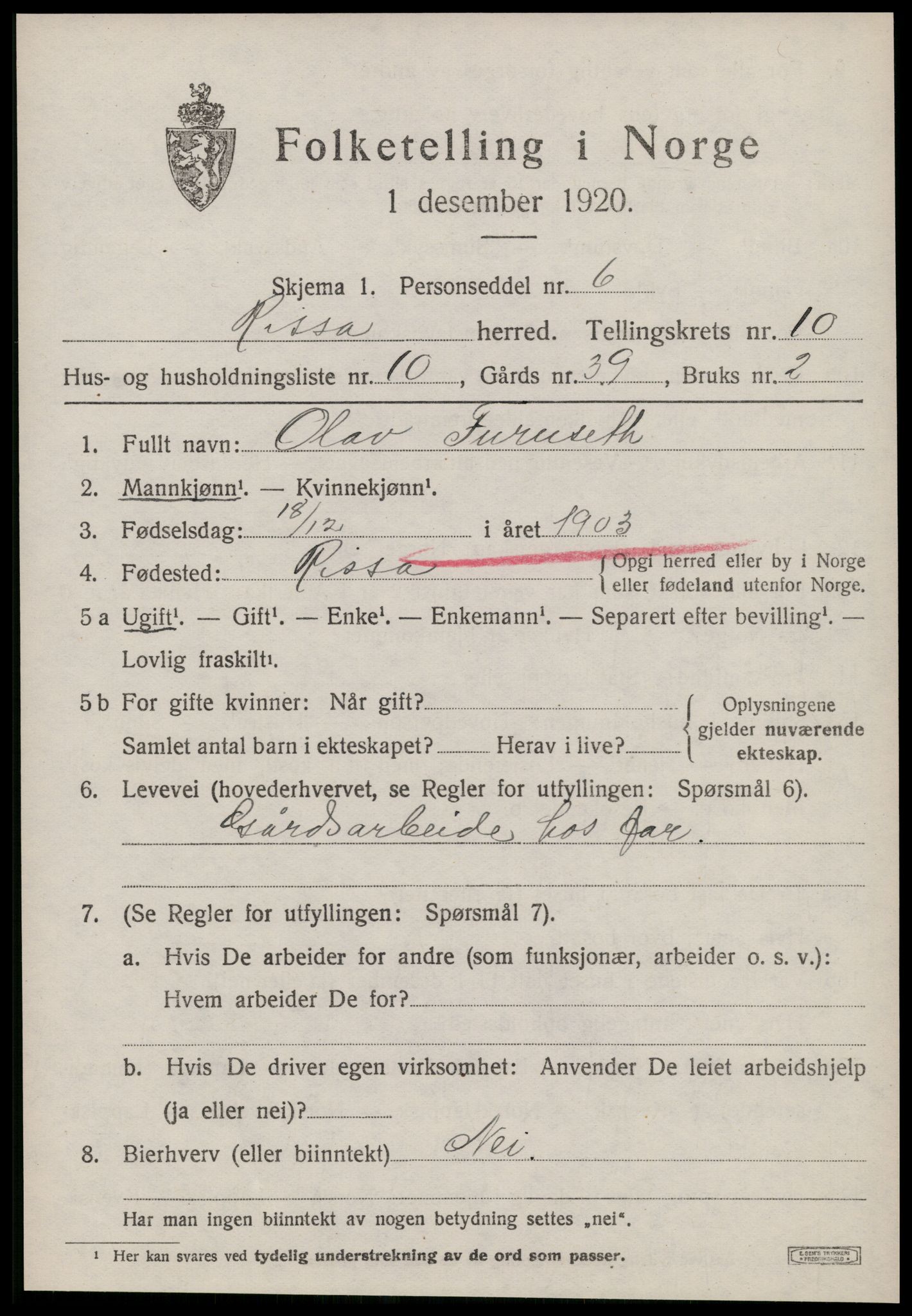SAT, Folketelling 1920 for 1624 Rissa herred, 1920, s. 6691