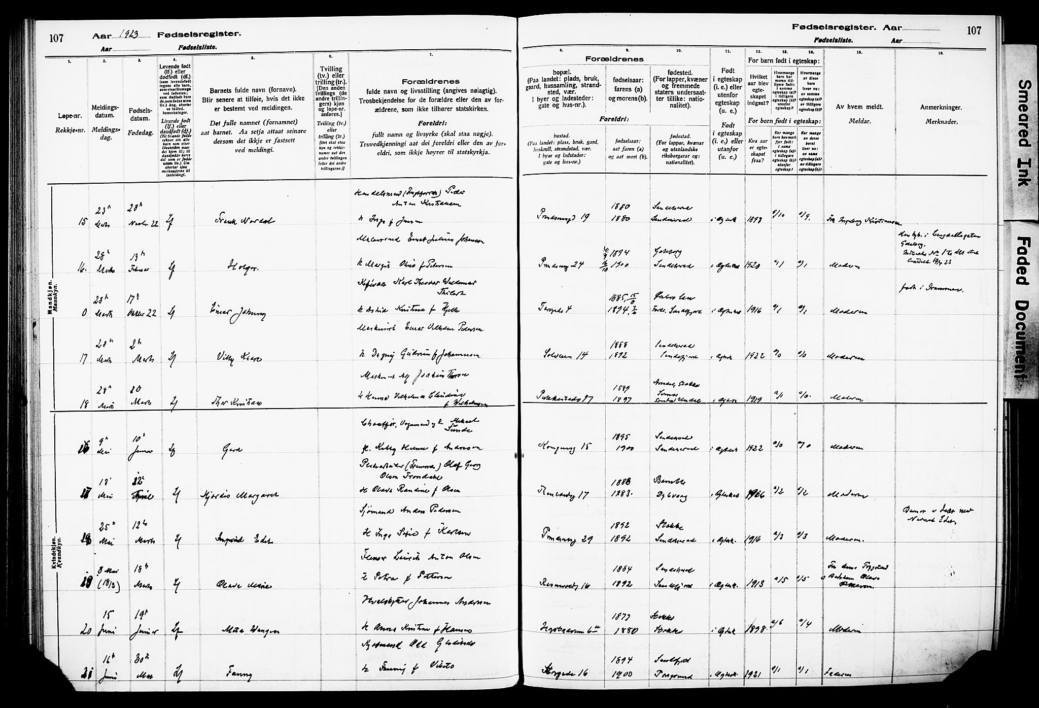 Sandefjord kirkebøker, AV/SAKO-A-315/J/Ja/L0001: Fødselsregister nr. 1, 1916-1932, s. 107