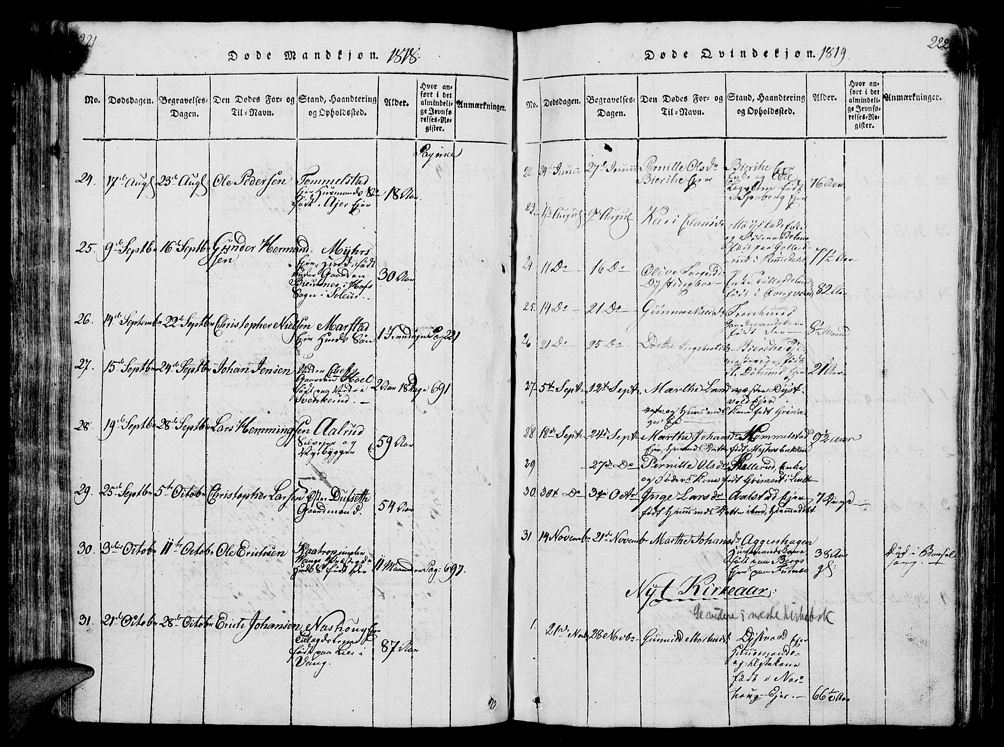 Vang prestekontor, Hedmark, SAH/PREST-008/H/Ha/Hab/L0004: Klokkerbok nr. 4, 1813-1827, s. 221-222