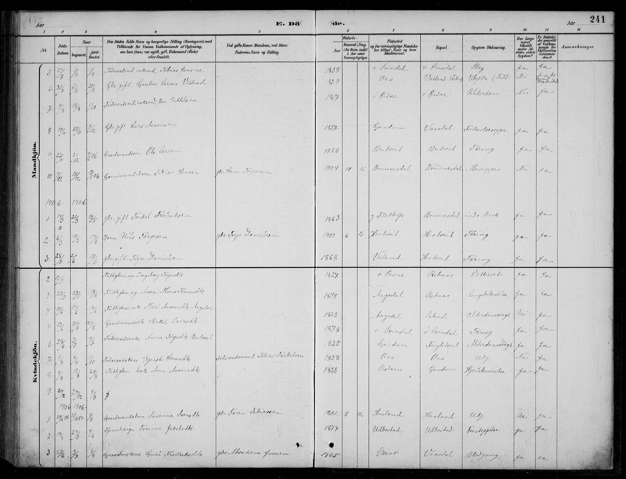 Bjelland sokneprestkontor, SAK/1111-0005/F/Fb/Fbc/L0003: Klokkerbok nr. B 3, 1887-1924, s. 241